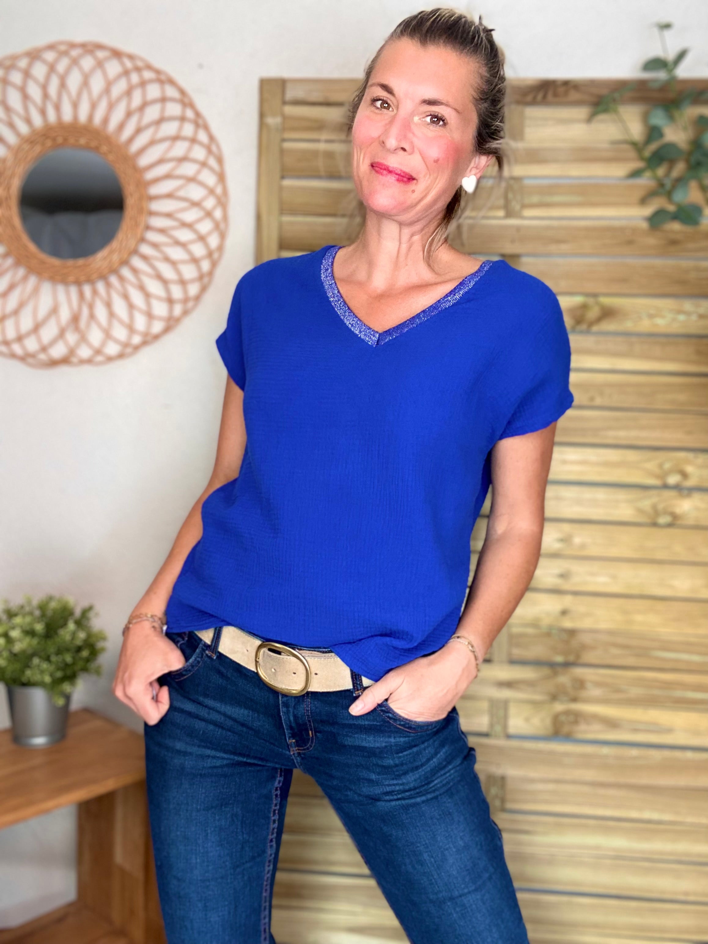 Précommande Expédition mi mai - Top en gaze de coton et lurex MARTA - Bleu roi