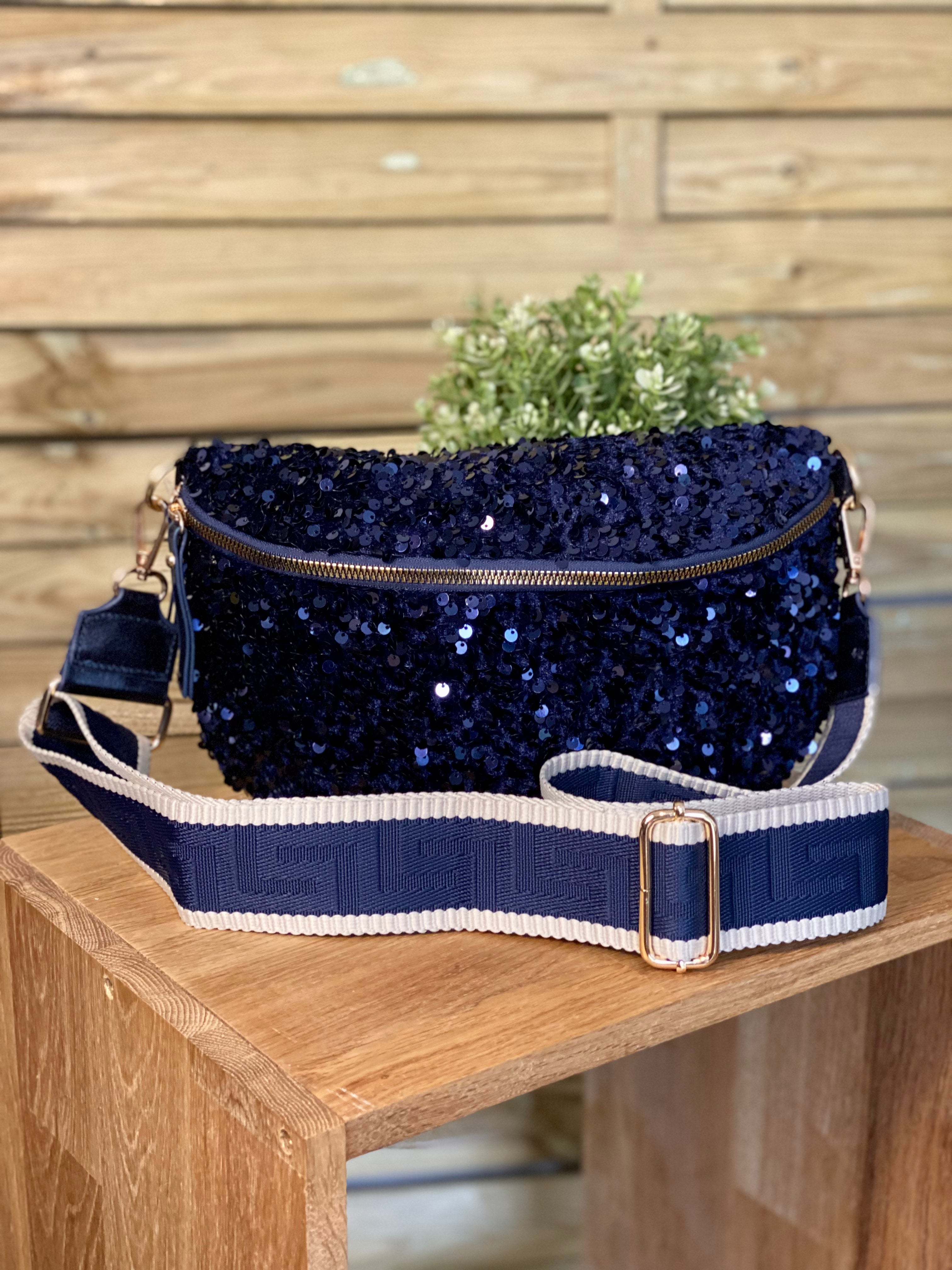 Sac banane L à sequins 30cm et sangle fantaisie - ROXY - Bleu marine