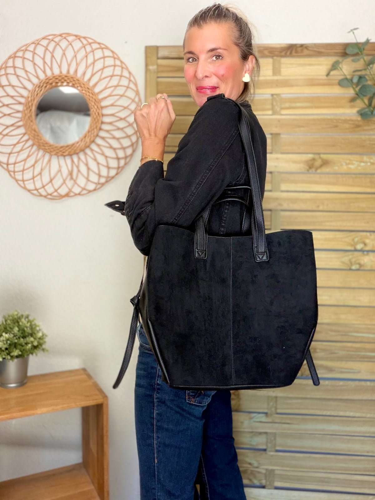 Grand Sac cabas 2 en 1 en simili daim - LAURÈNE Noir