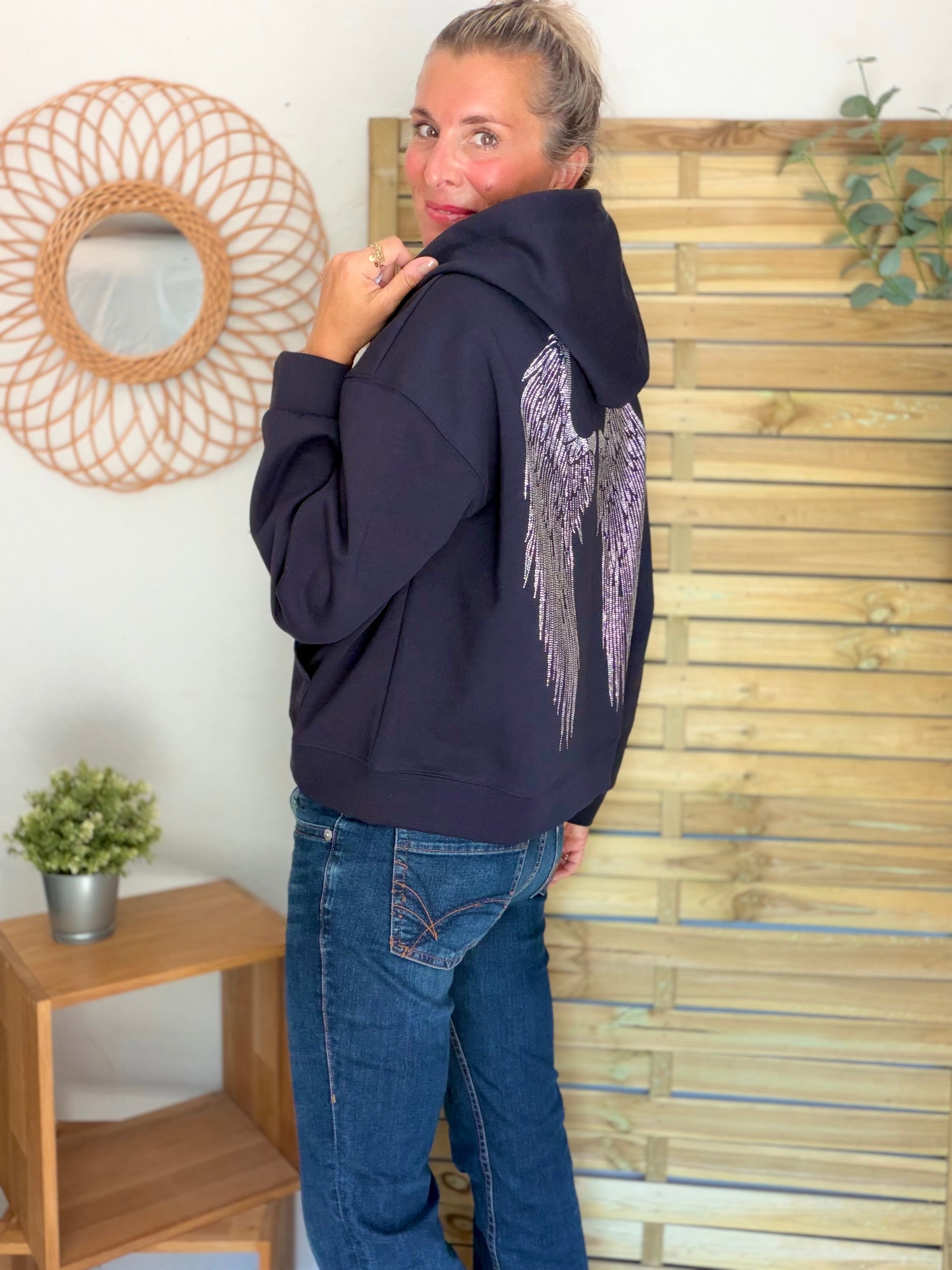 Hoodie sweat gilet strass (ailes)  CLOTHILDE - Bleu marine