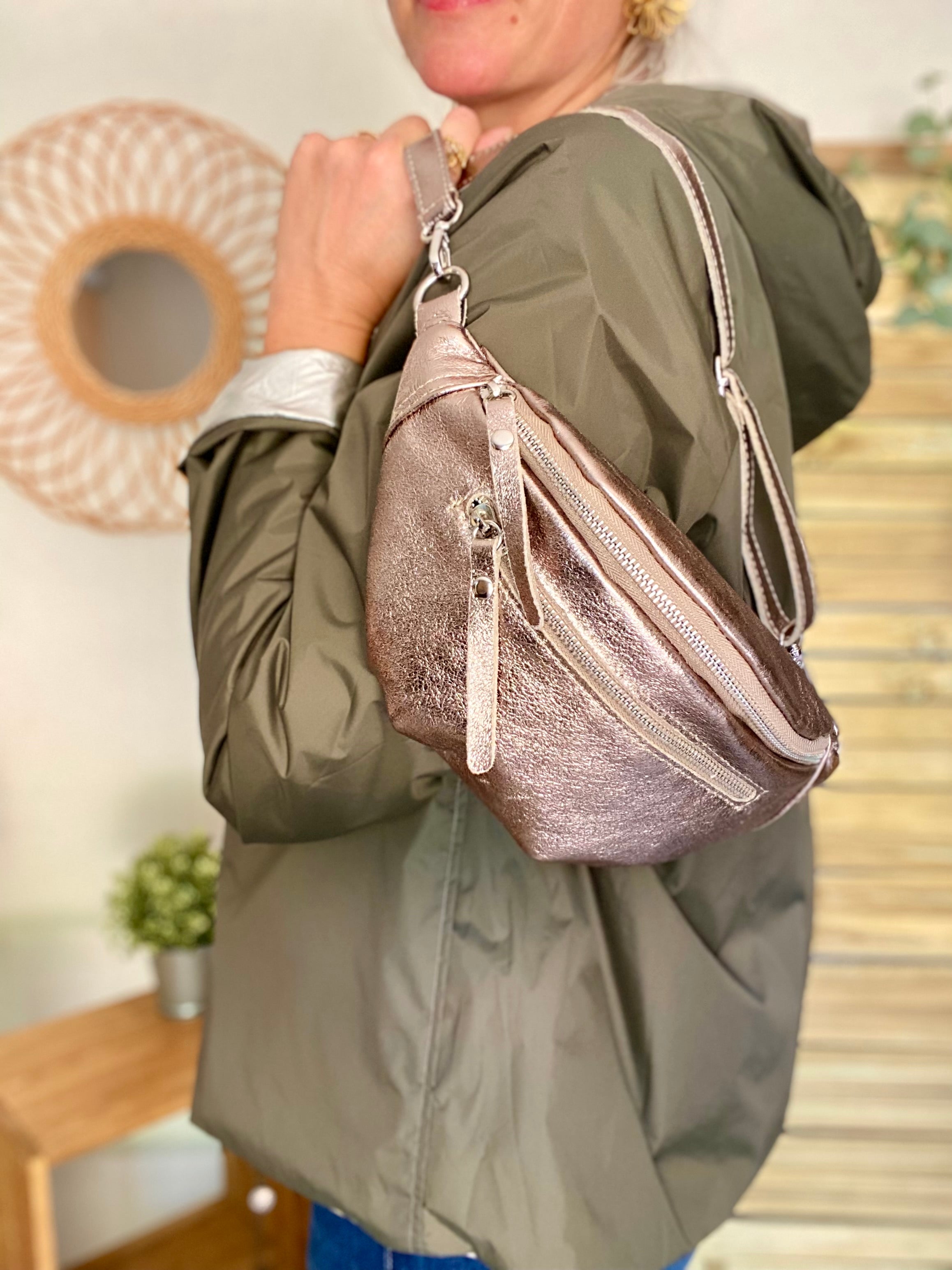 Sac banane en cuir irisé double poche - OPALE - Bronze