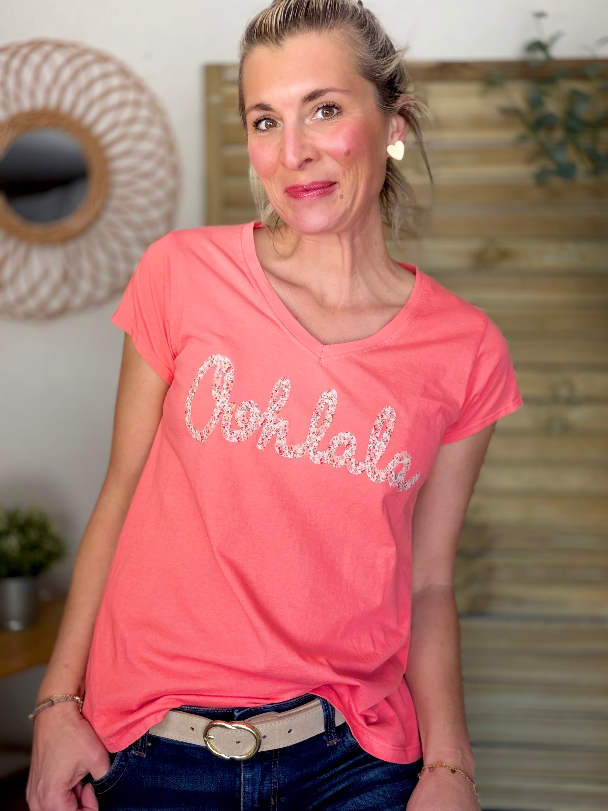 Tee shirt Ohlala Liberty VERA Corail / Rouge rosé