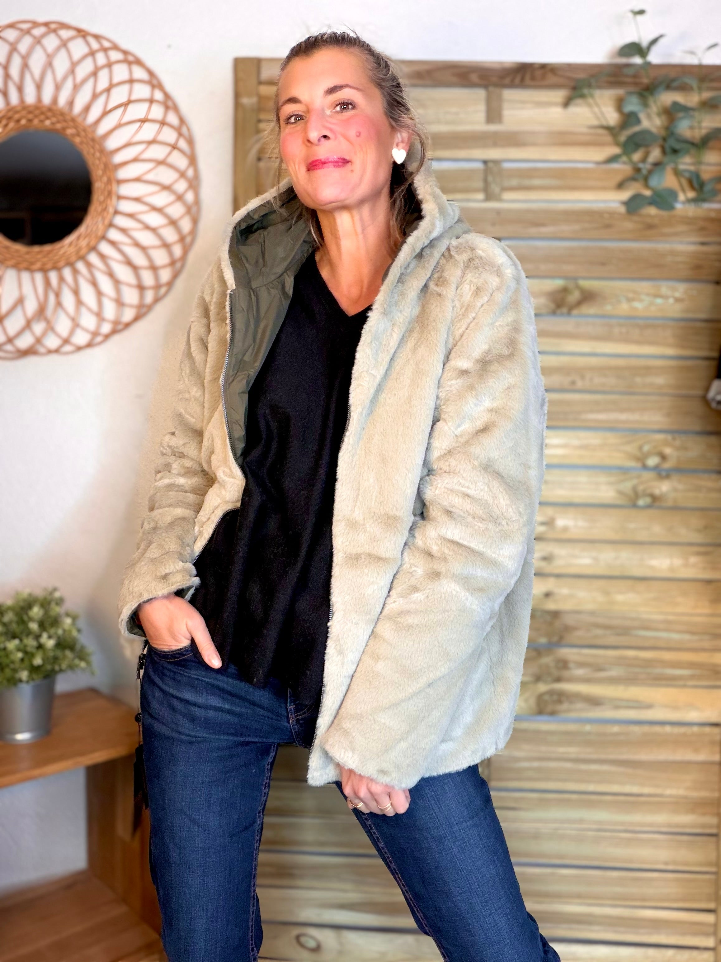 Parka Imperméable réversible fourrée Kaki / Beige ALIX Court - LAURA JO