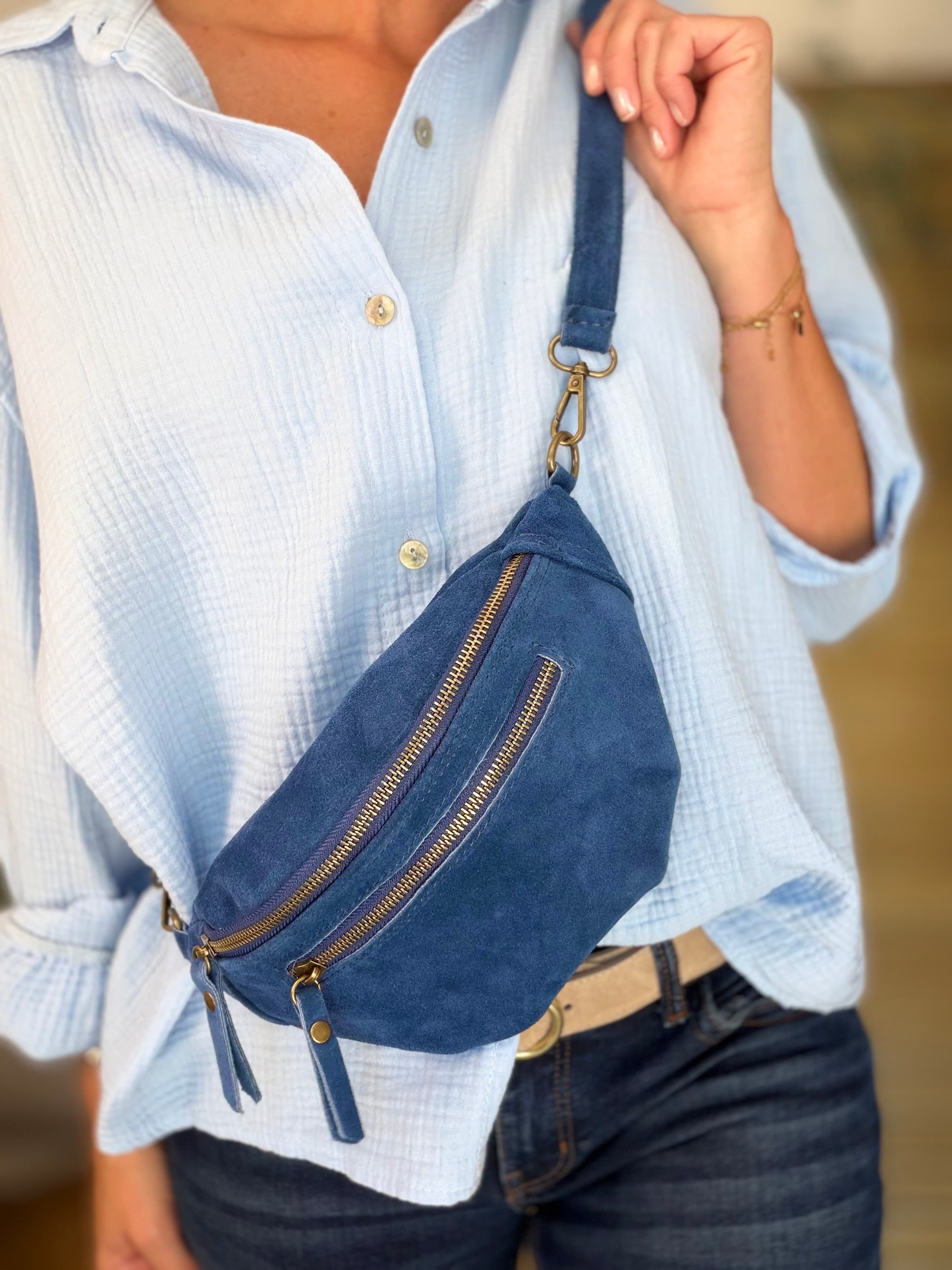 Sac banane double poche en cuir daim - OPALINE - Bleu jean