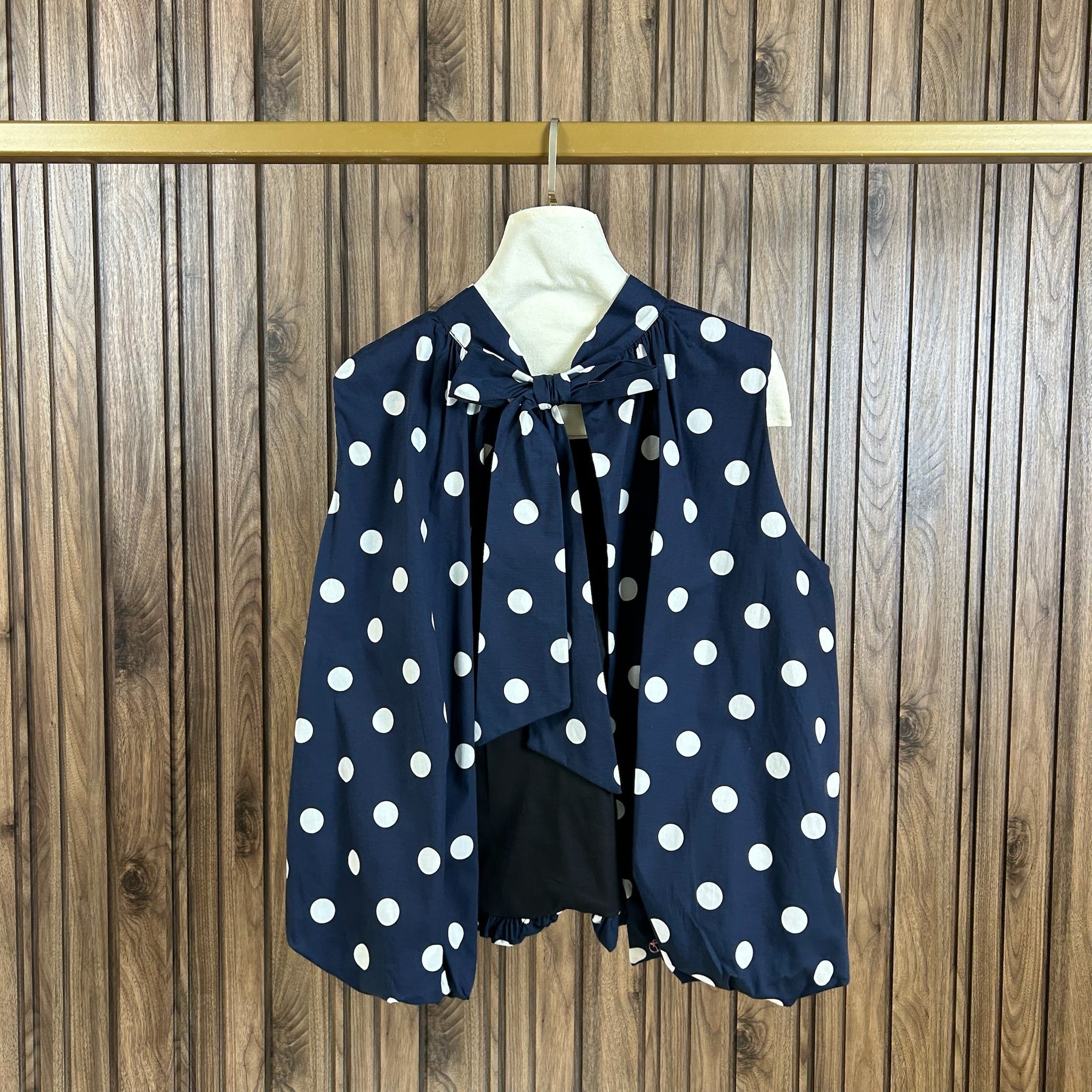 Top ballon à pois, dos ajouré PERLA bleu marine