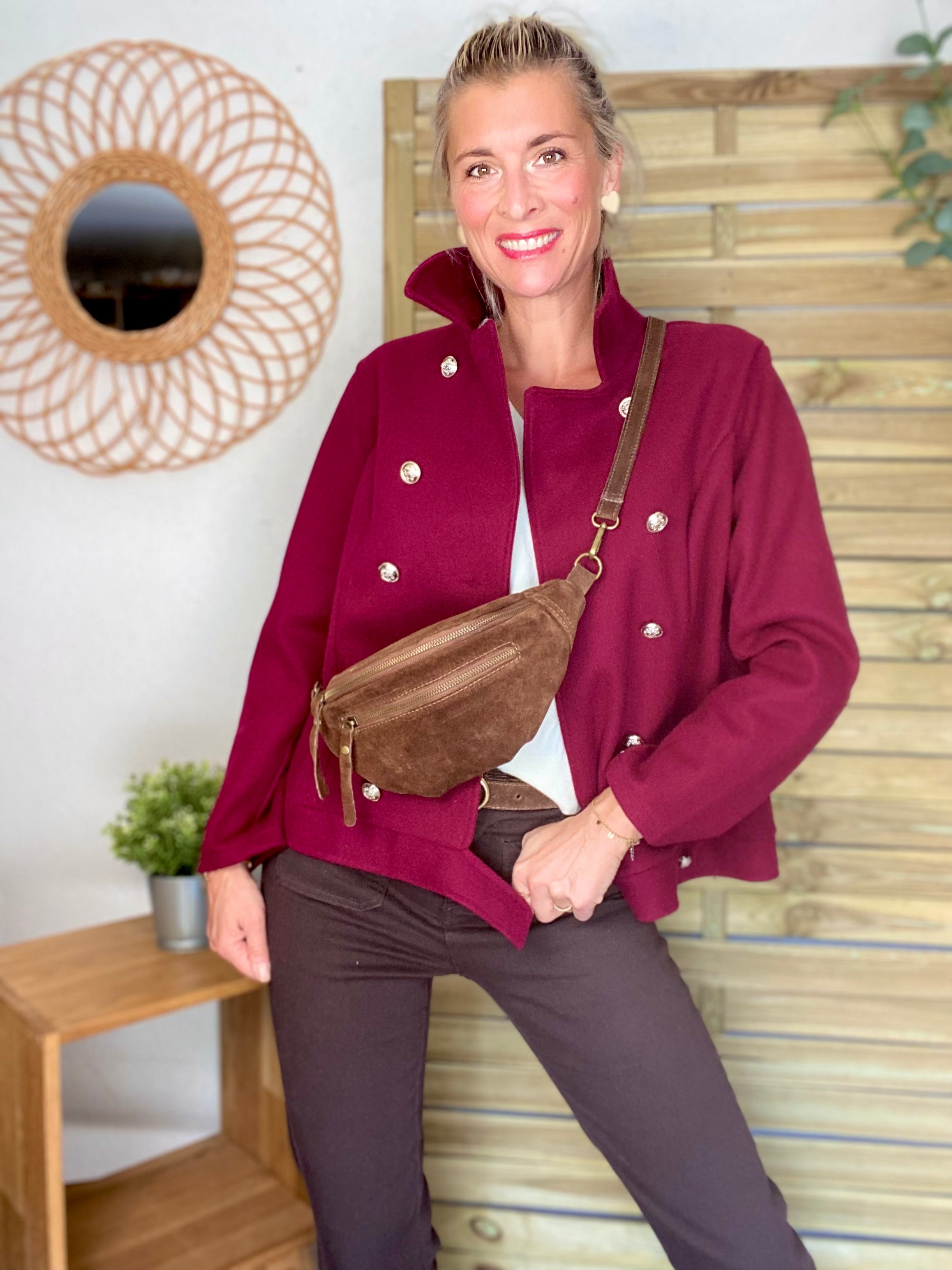 Sac banane double poche en cuir daim - OPALINE - Café