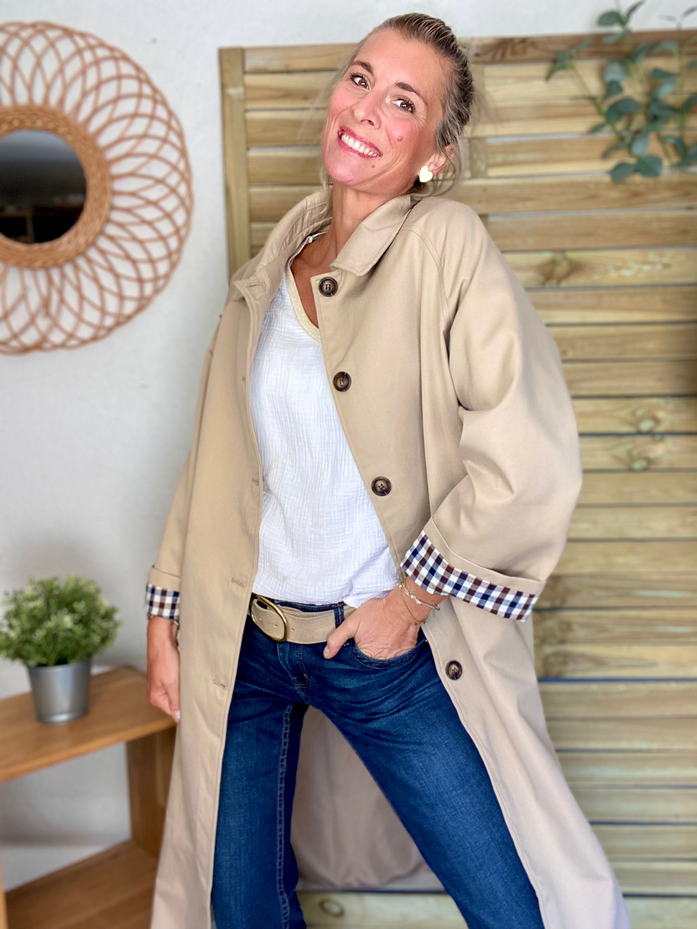 Veste Trench en coton avec vichy - YSEULT long Beige