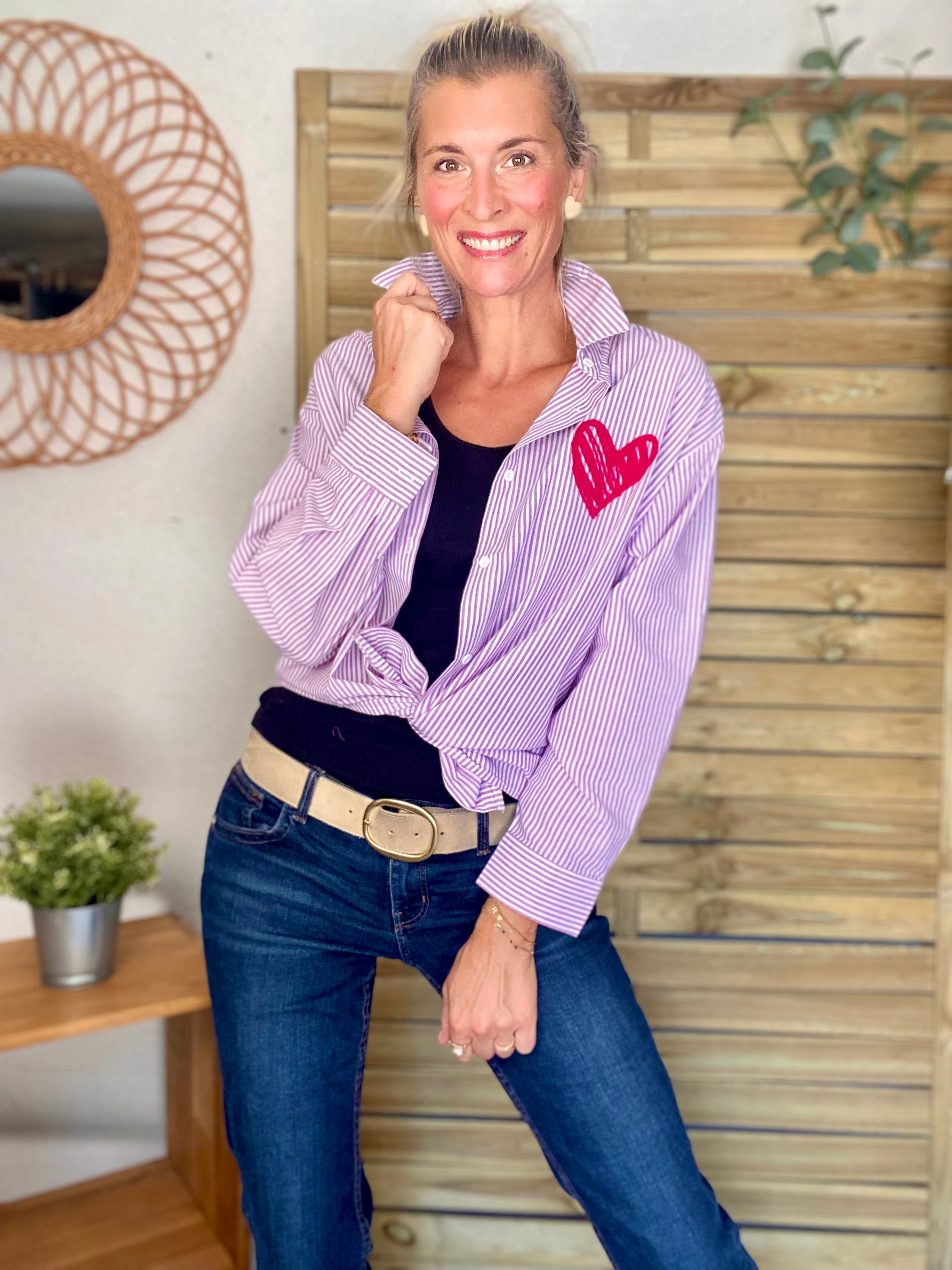 Chemise rayée brodée LOVE multico LANA - Rose cerise