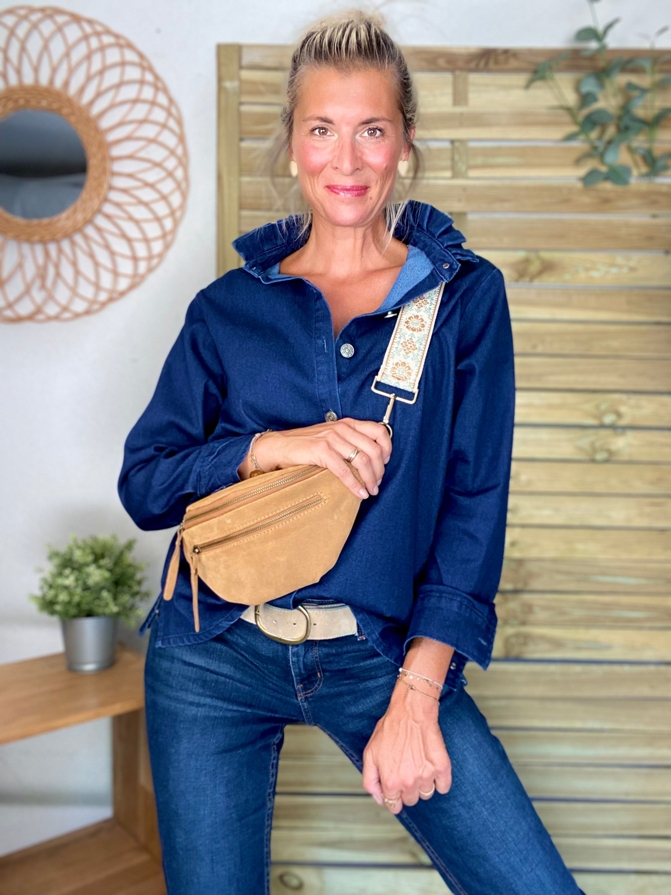 Veste / Chemise en coton, col volanté Bleu Jean LISON