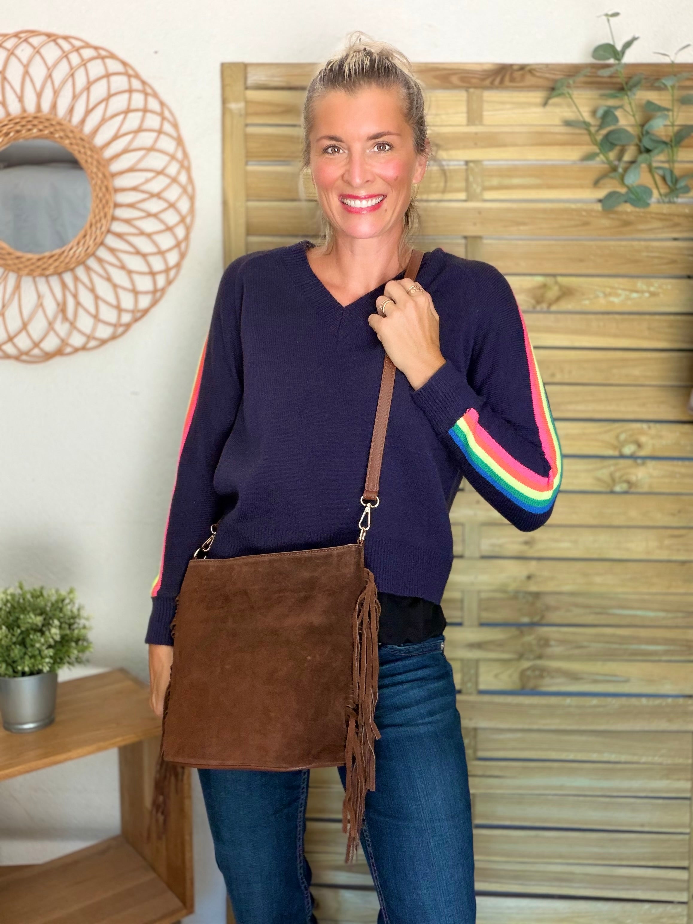 Sac seau en cuir daim avec franges KYLIE - Camel foncé (Café)