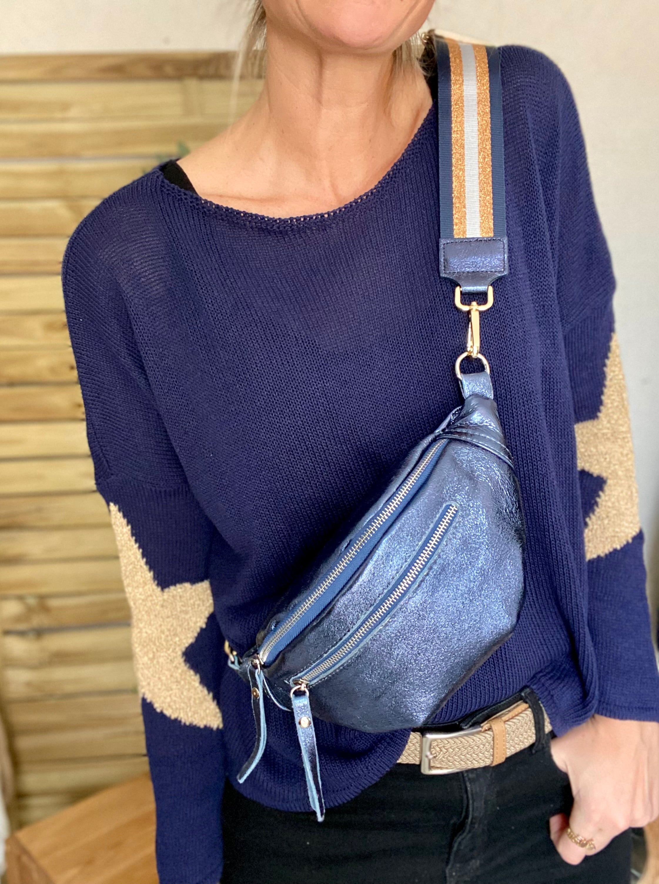 Sac banane en cuir irisé double poche - OPALE  - Bleu jean