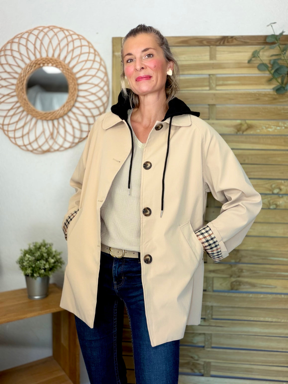 ⚡️ ARRIVAGE • Veste Trench avec capuche amovible, doublure à carreaux GAËLLE Beige