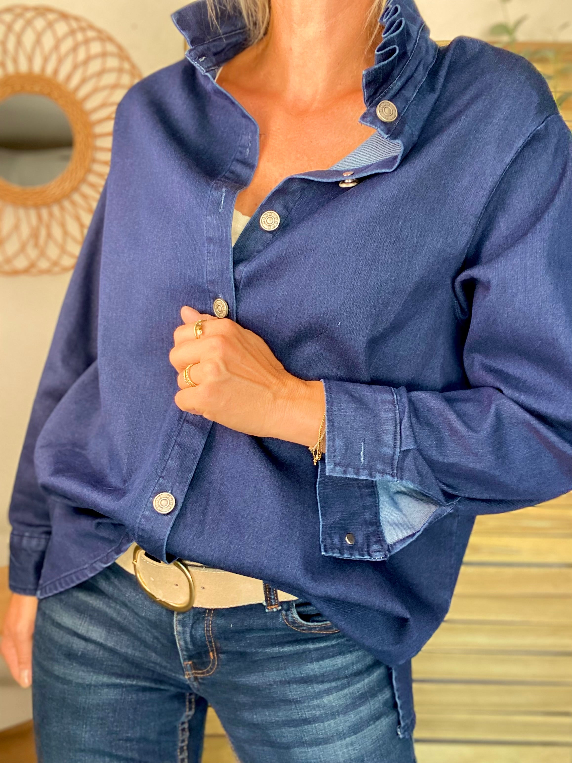 Veste / Chemise en coton, col volanté Bleu Jean LISON