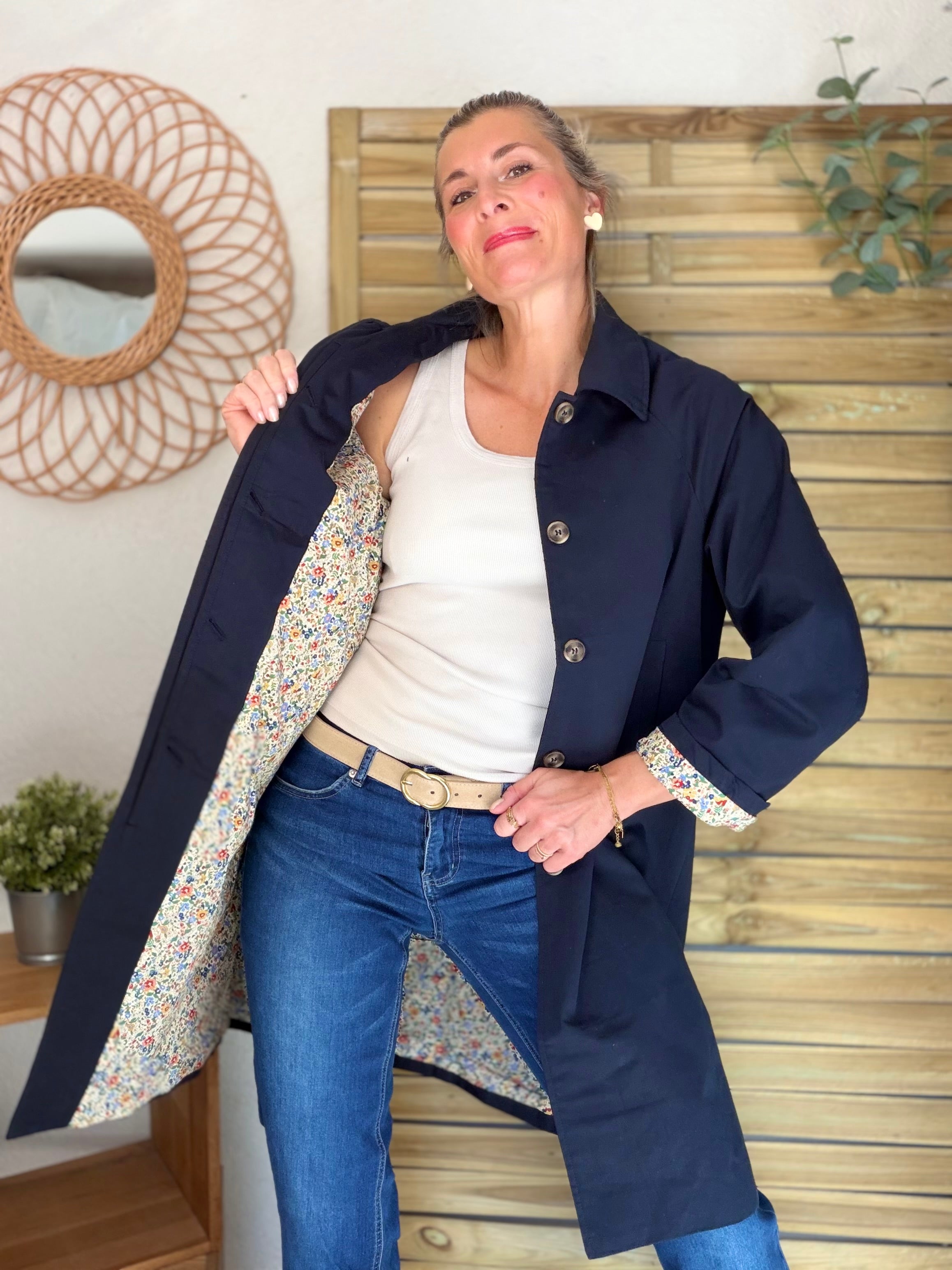 Veste Trench en coton Bleu marine avec Liberty - MAHAUT MI LONG - LILI et LALA (DÉSTOCKAGE sur Taille S)
