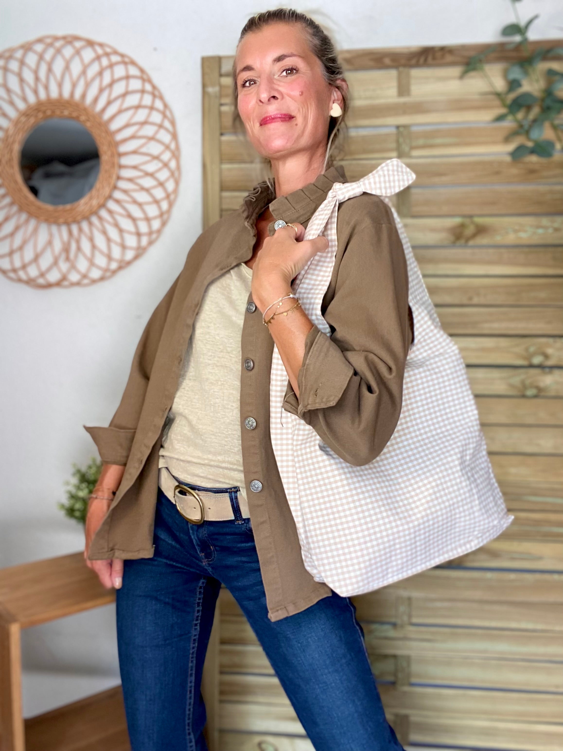 Veste / Chemise en coton, col volanté Camel foncé LISON