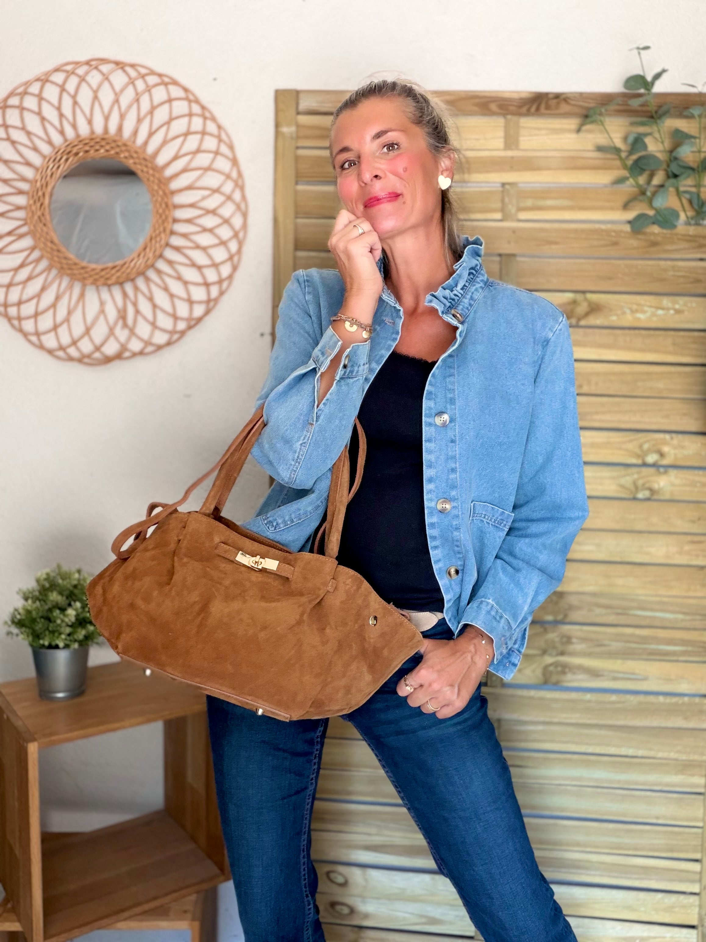 Sac cabas en cuir daim HANA - Camel