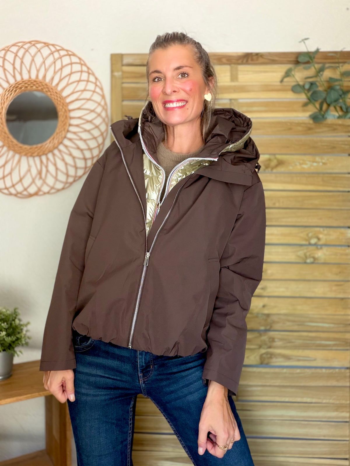 LAURA JO - Col capuche amovible réversible  DANY - Choco / Doré