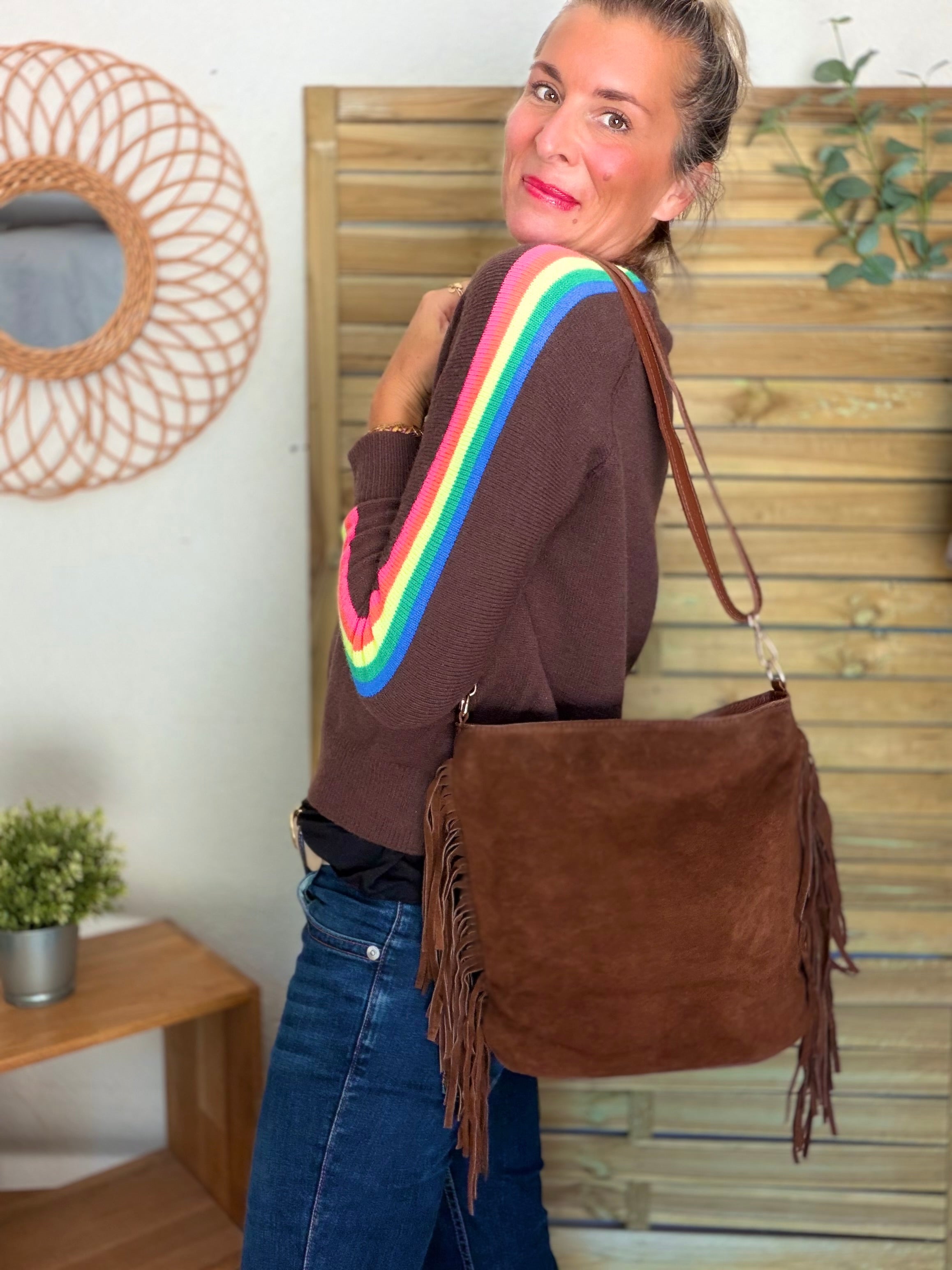 Sac seau en cuir daim avec franges KYLIE - Camel foncé (Café)
