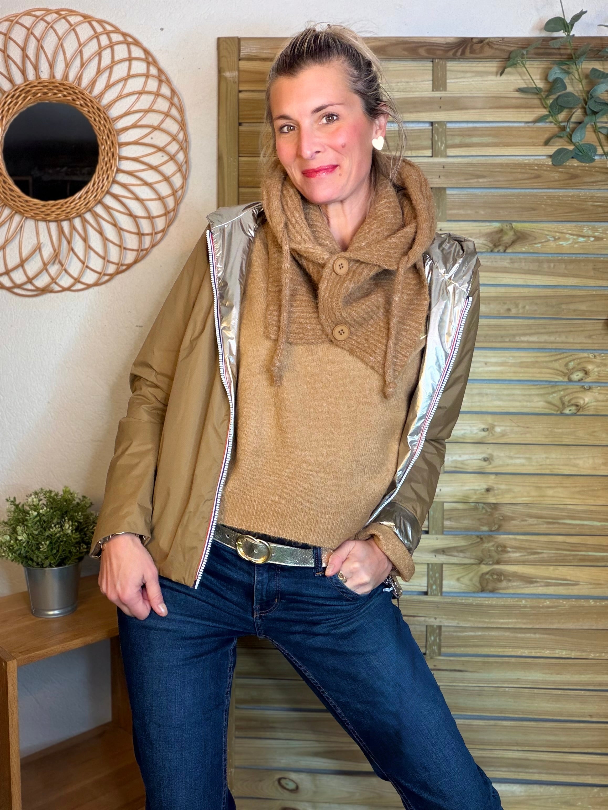 Col cagoule LORIE en maille avec bouton - Camel