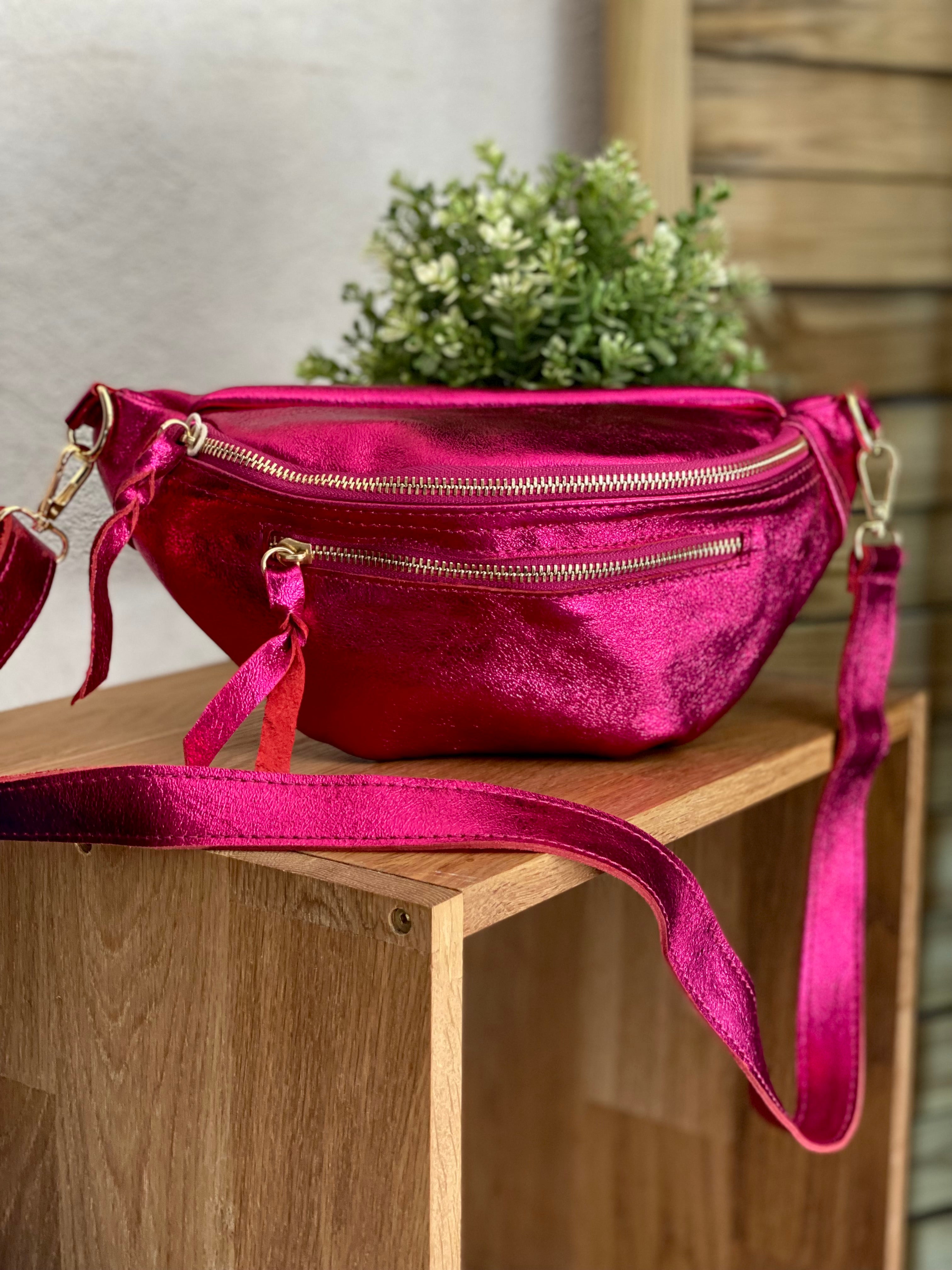 Sac banane en cuir irisé double poche - OPALE - Fuschia