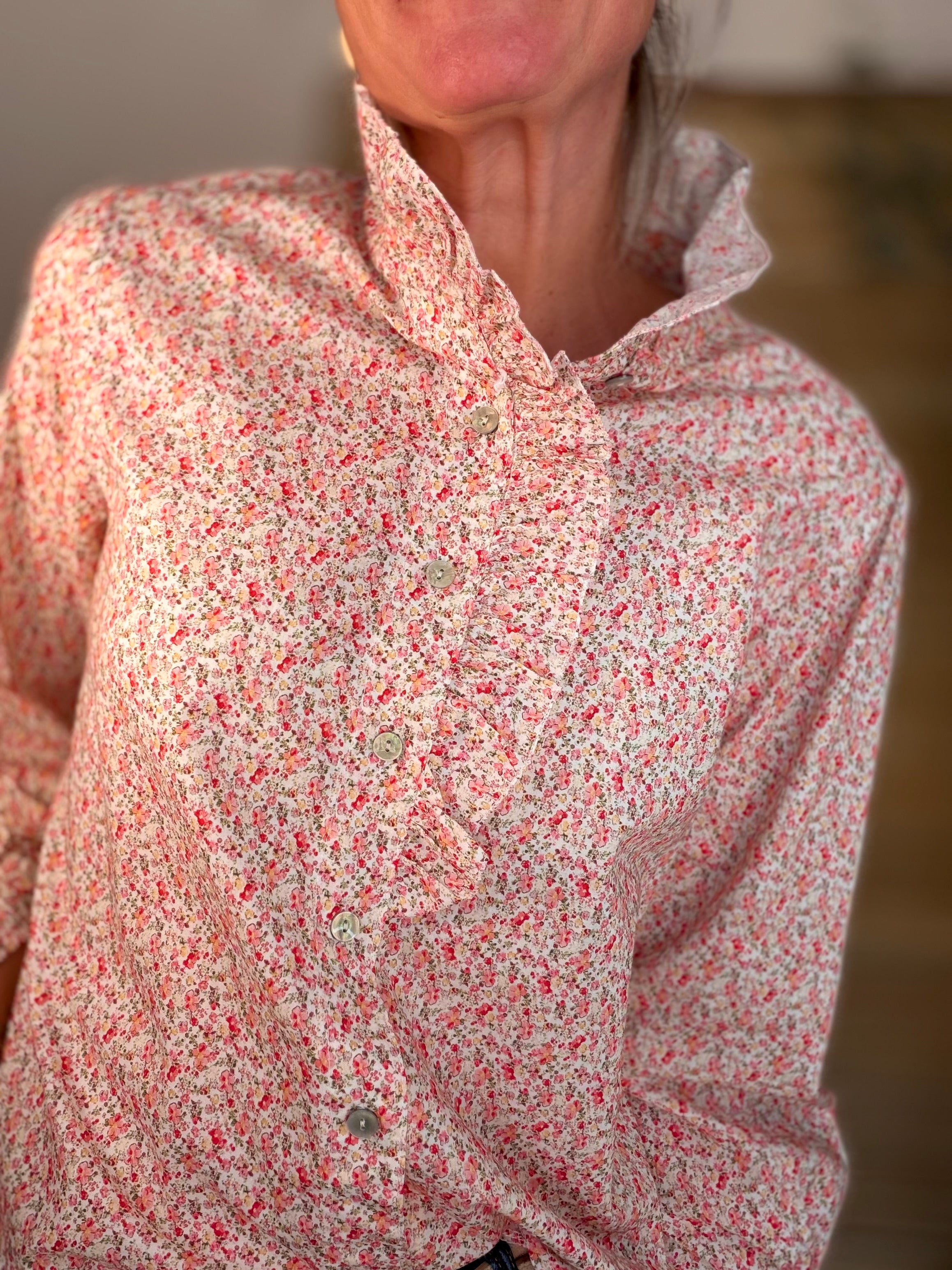 Chemise imprimée Liberty col volanté HÉLOÏSE - Rouge rosé