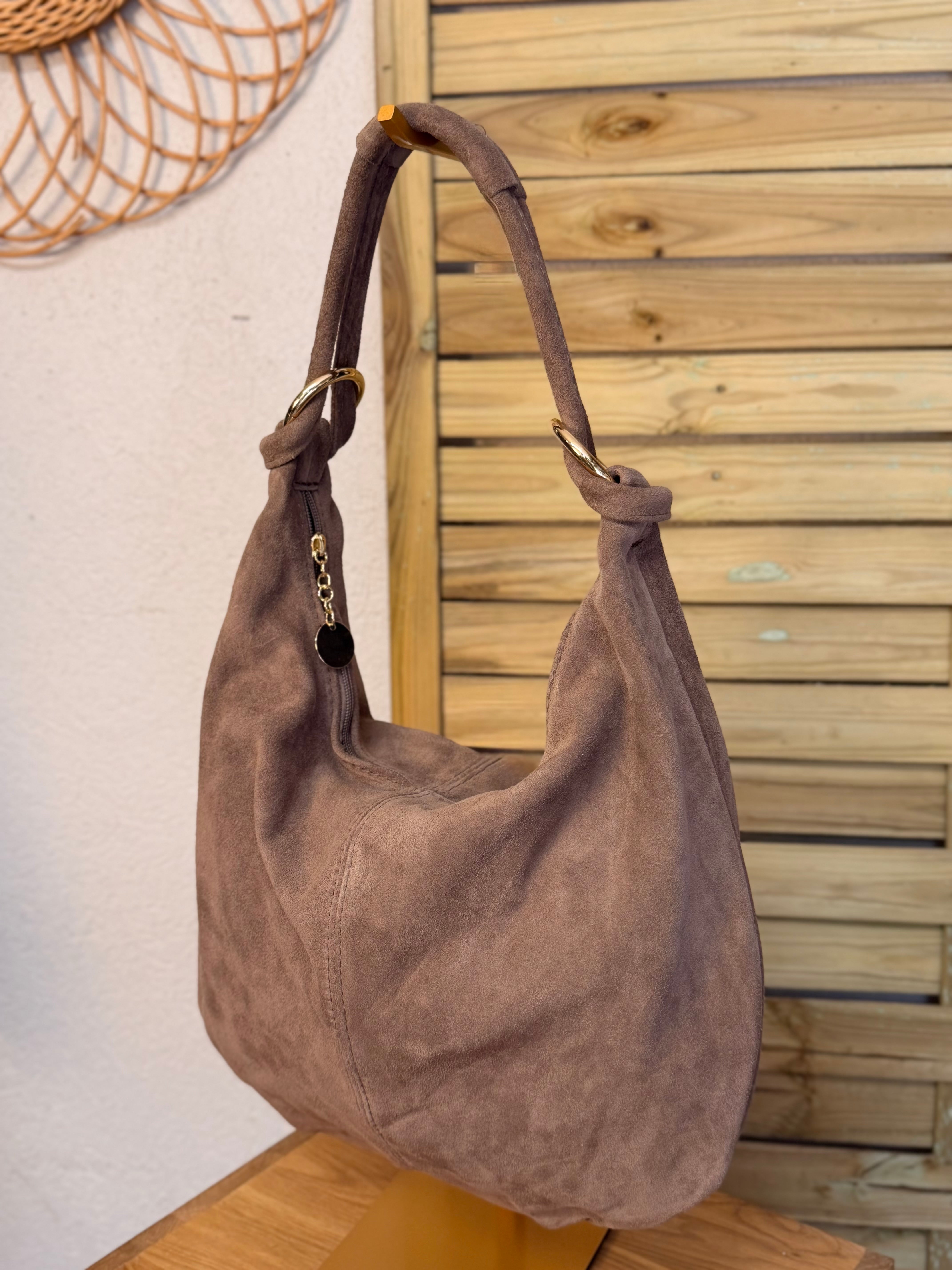 Sac besace hobo en cuir daim souple avec anneaux WILLIAM - Taupe