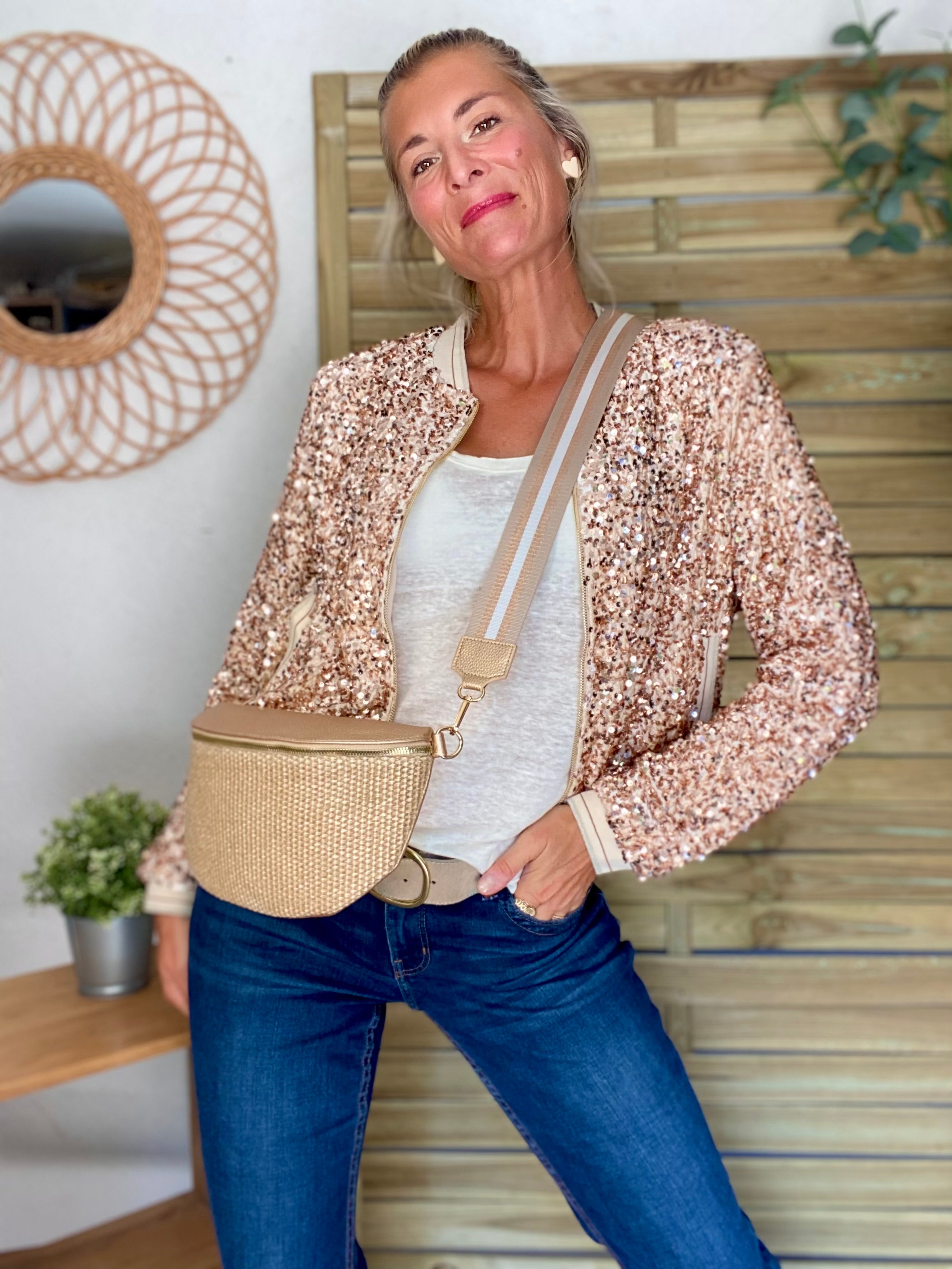 Veste bombers beige avec sequins Rose Gold KIM