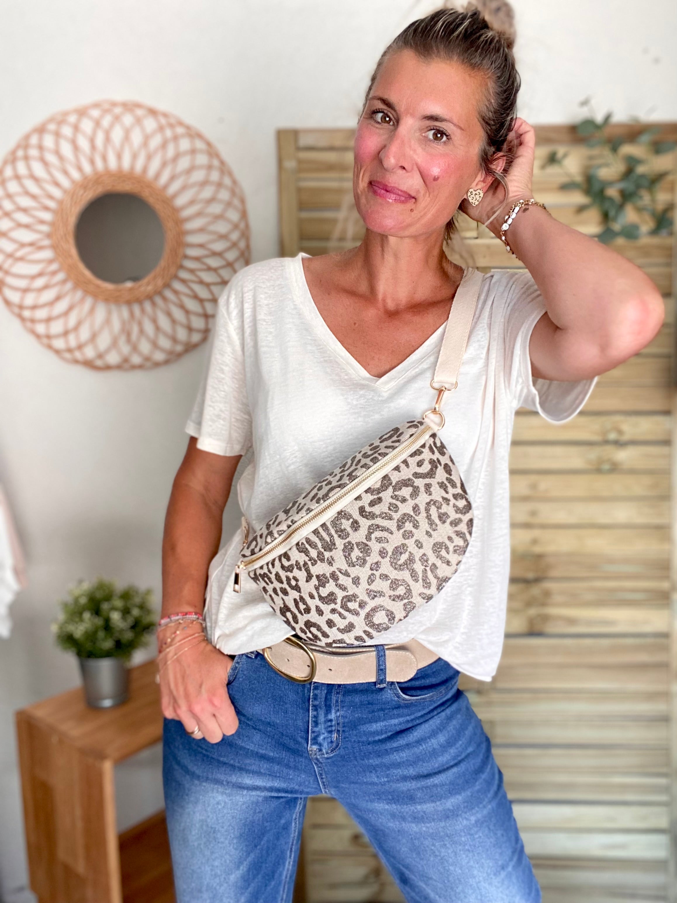 Sac banane L en toile léo Taupe pailleté - SHARON