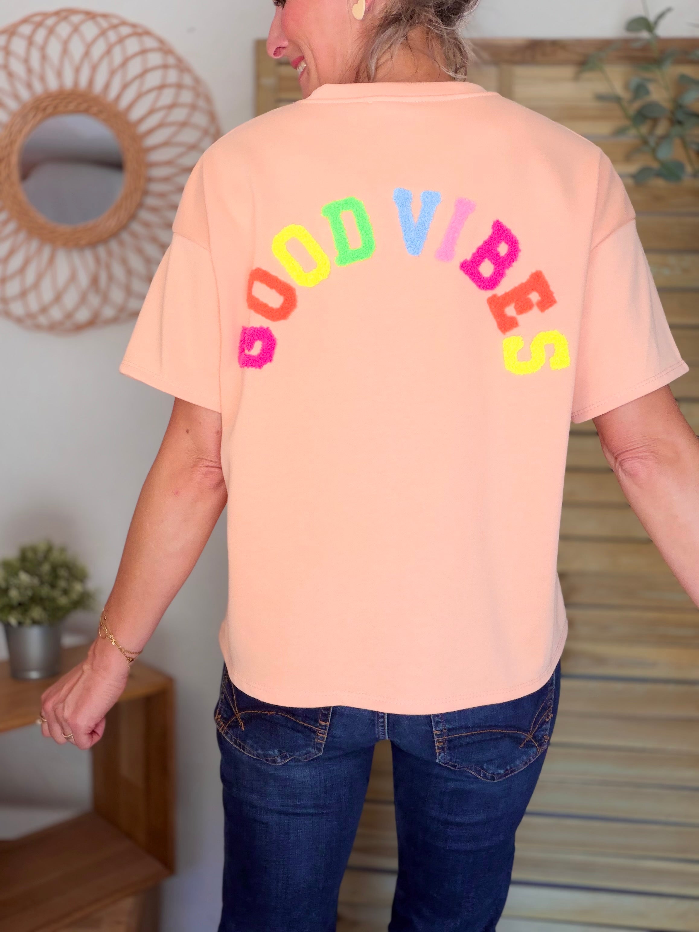 Tee shirt GOOD VIBES matière sweat - ALESSIA Pêche