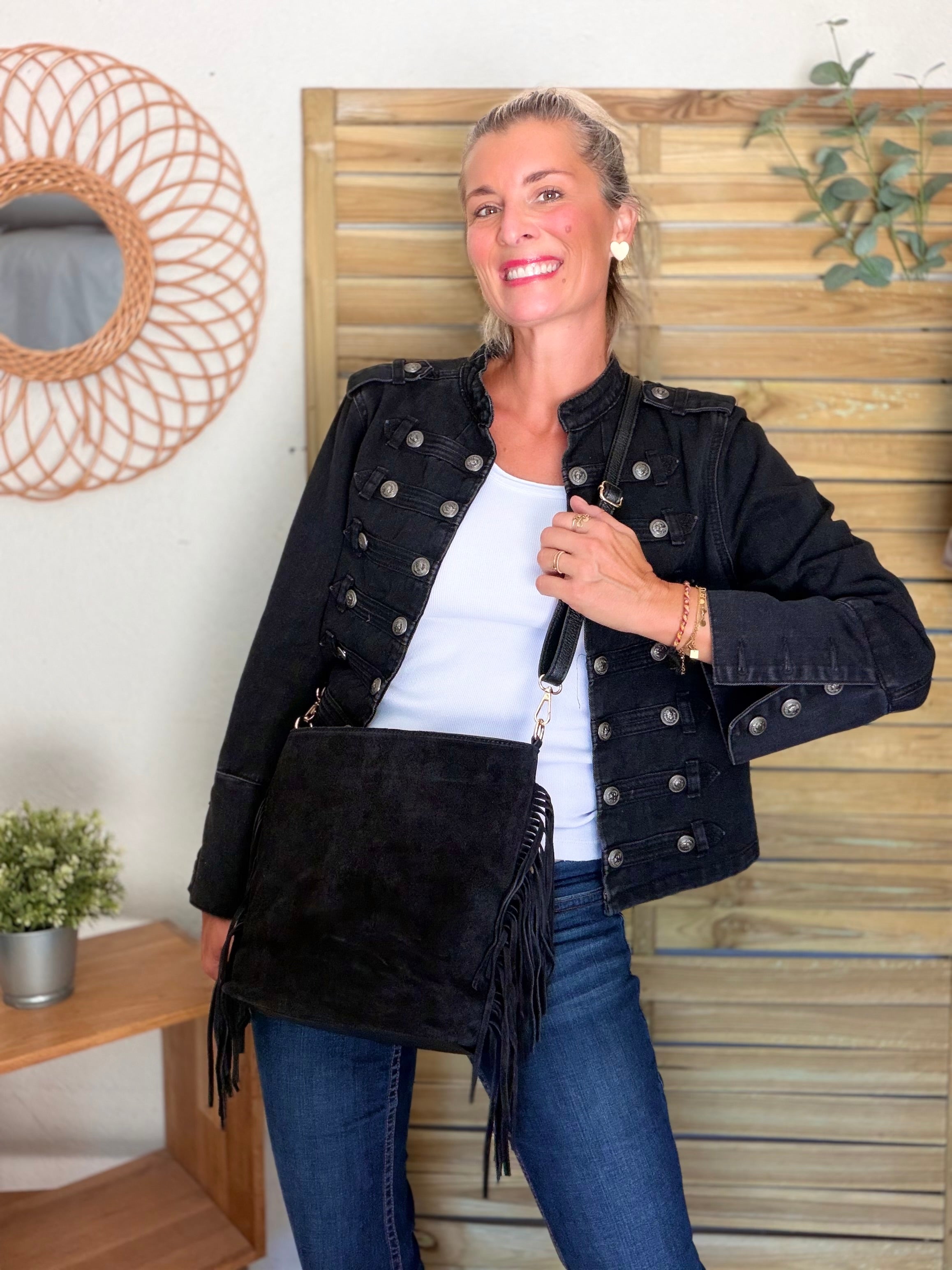 Sac seau en cuir daim avec franges KYLIE - Noir