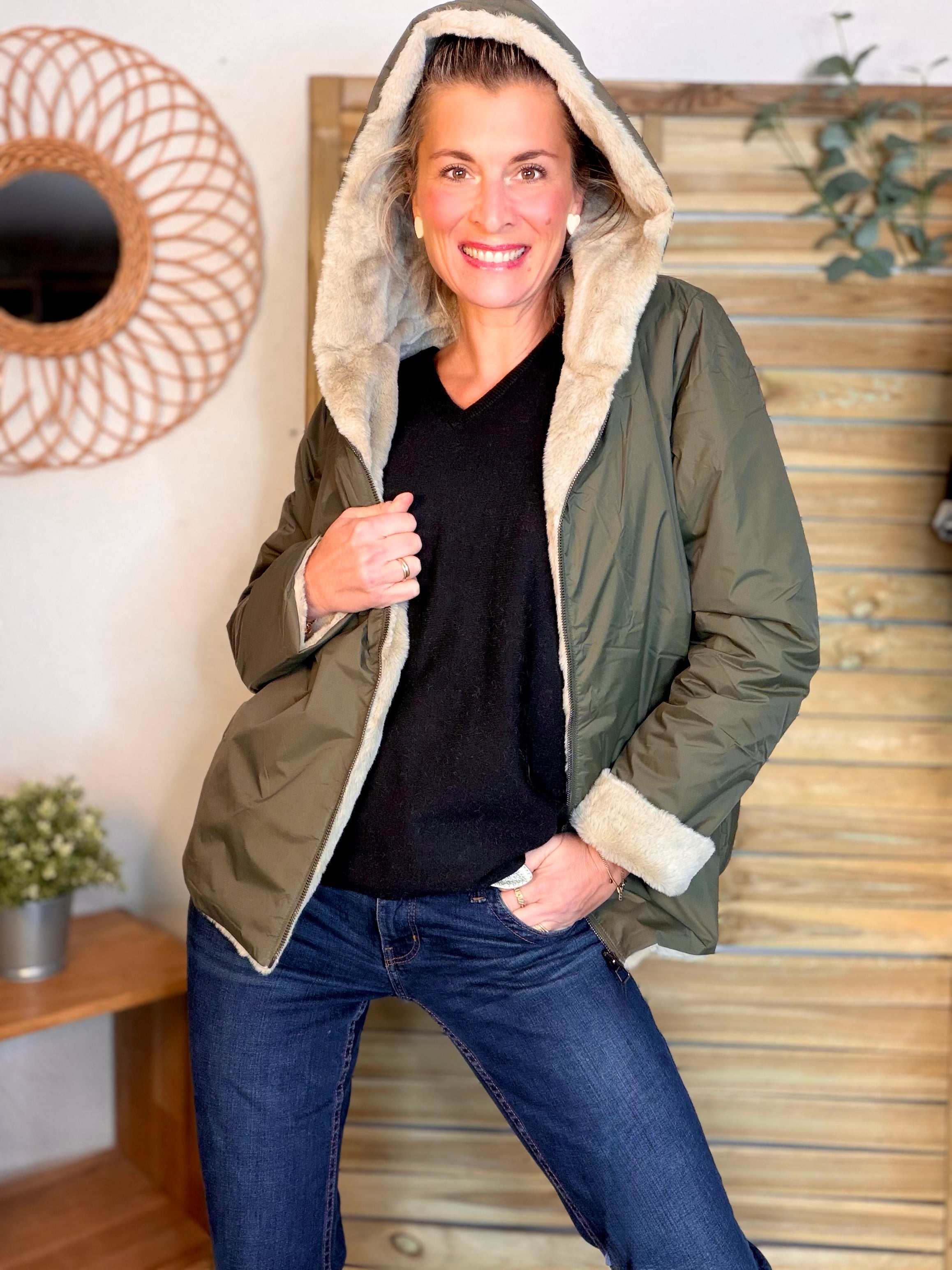 Parka Imperméable réversible fourrée Kaki / Beige ALIX Court - LAURA JO