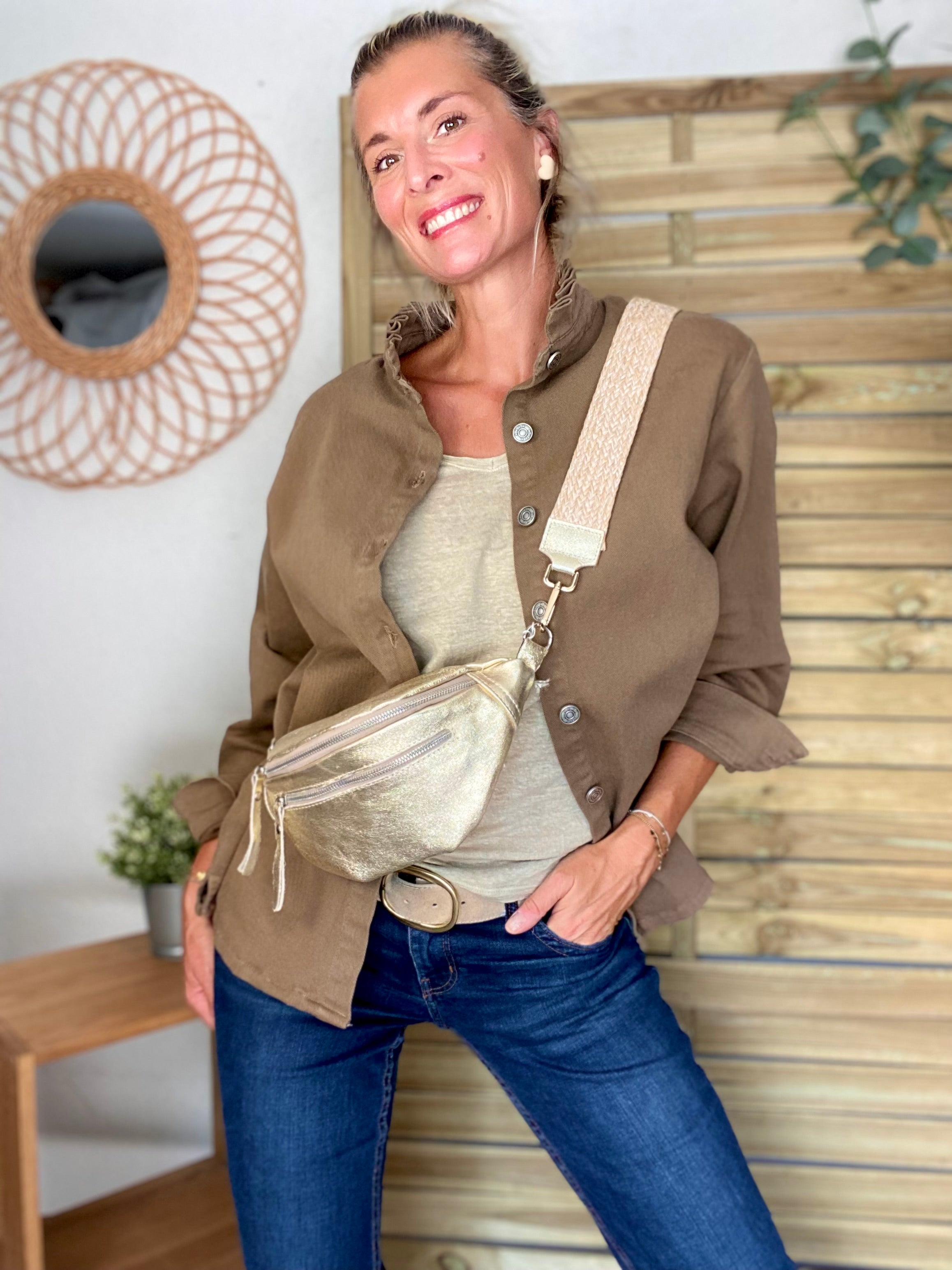 Veste / Chemise en coton, col volanté Camel foncé LISON