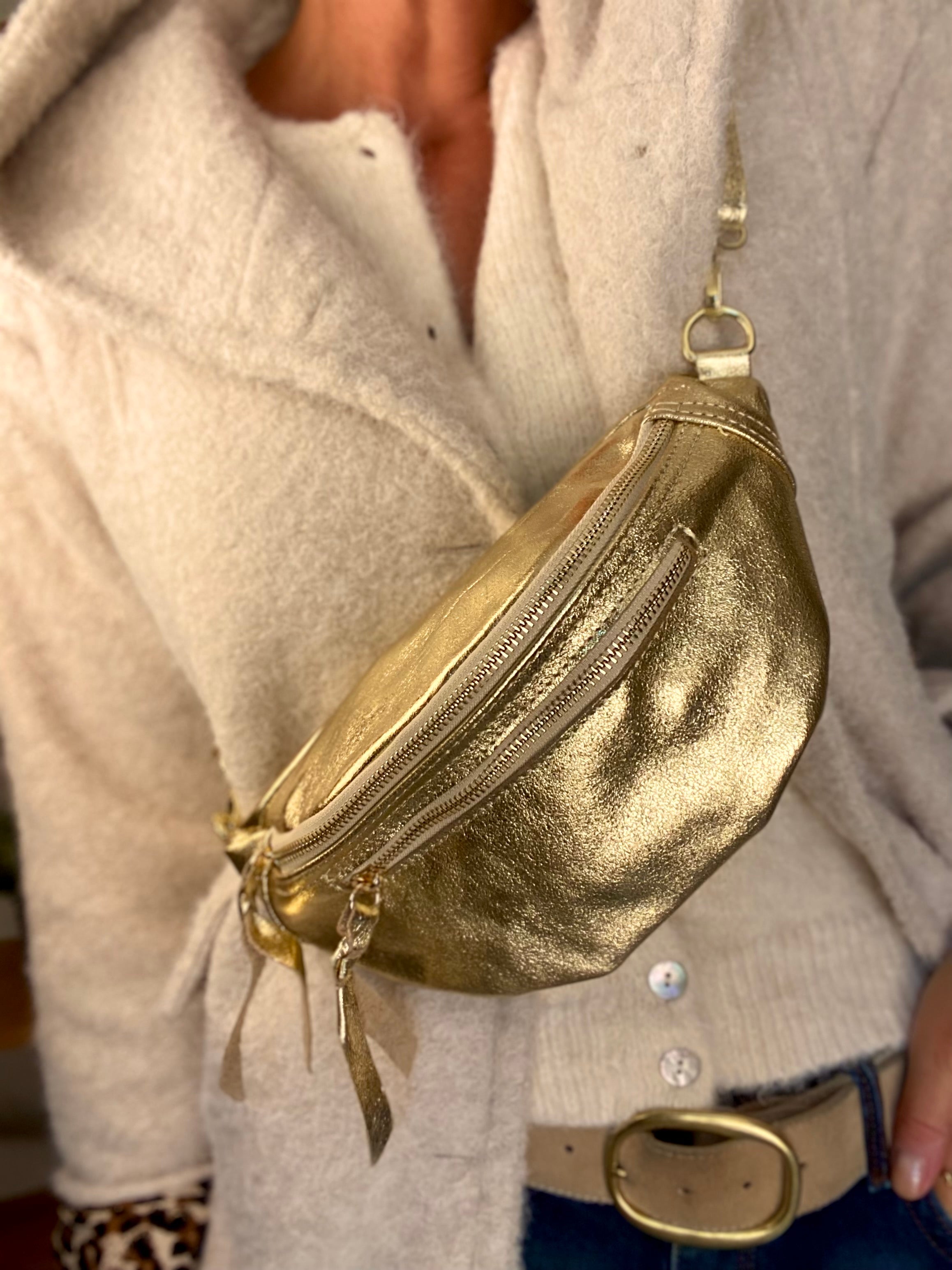 Sac banane en cuir irisé double poche - OPALE - Doré / doré