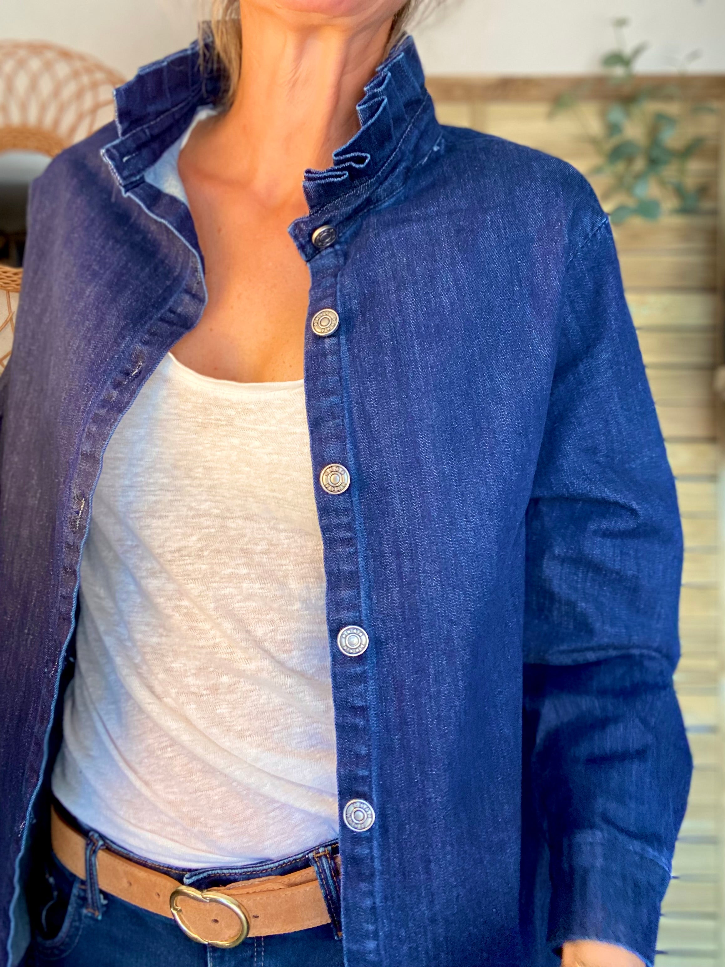 Veste / Chemise en coton, col victorien volanté Bleu Jean LISON