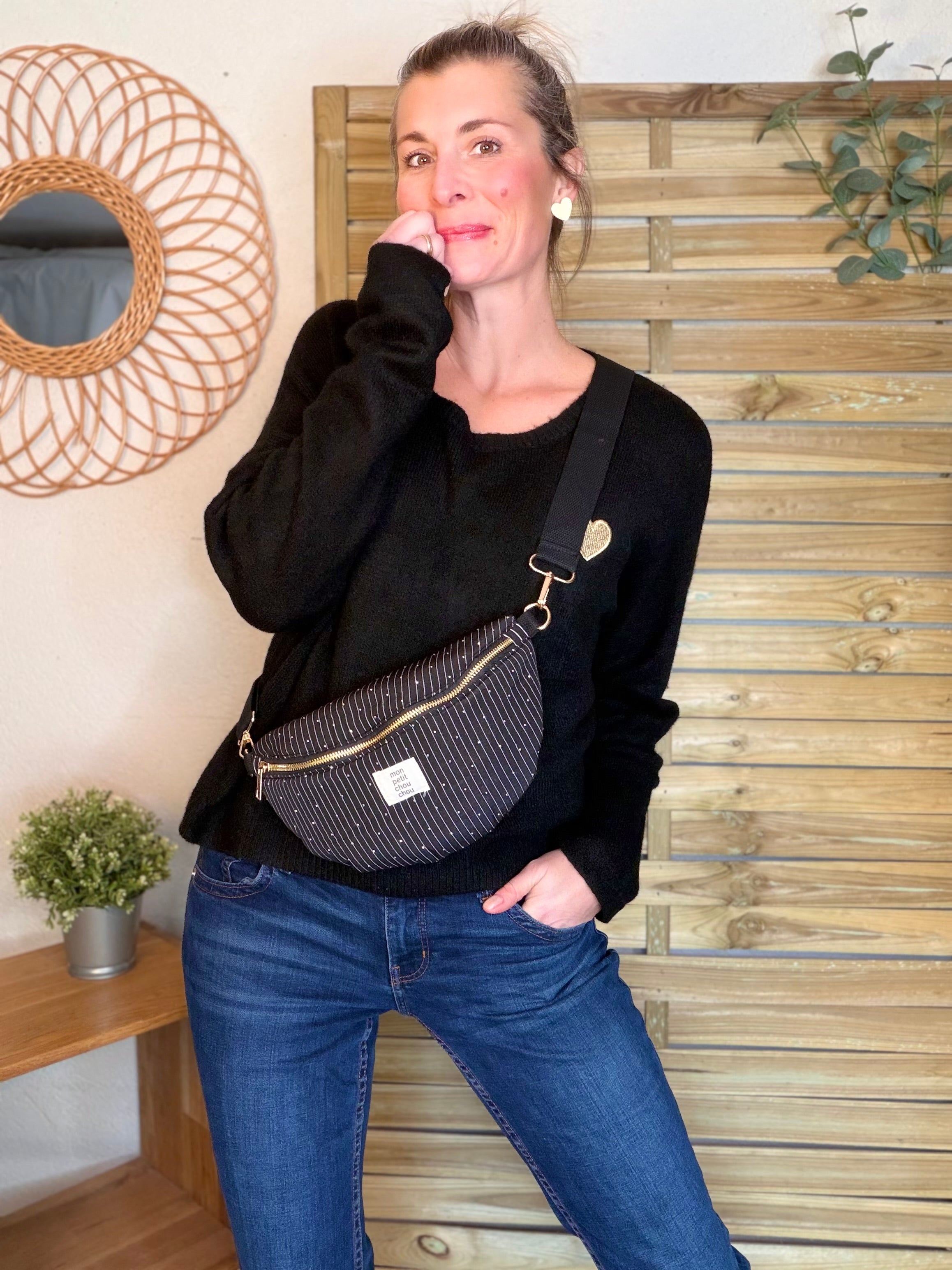 Sac banane avec strass BONNIE - Rayée noir