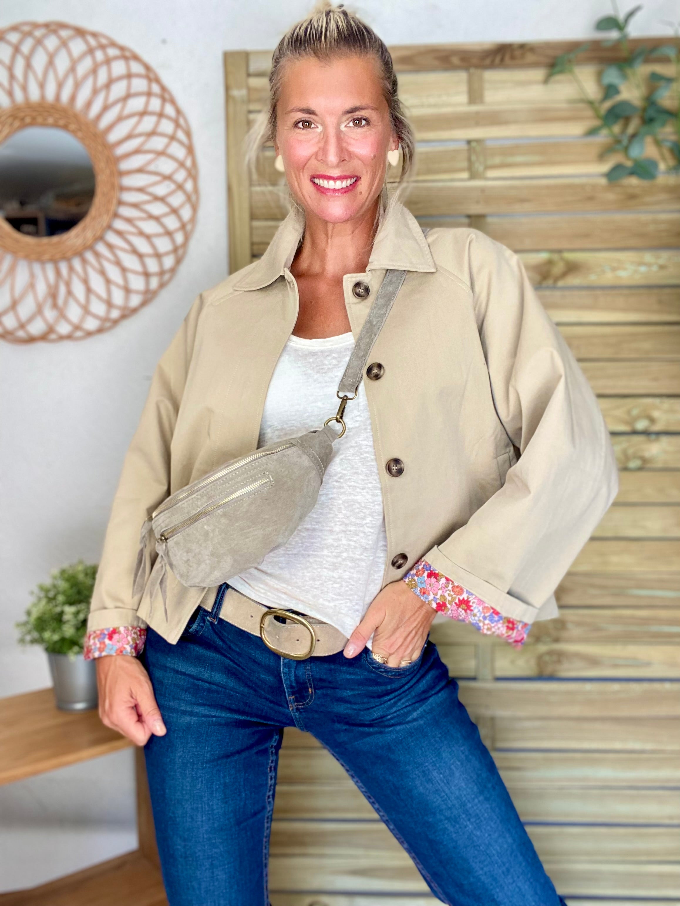 Veste Trench en coton beige avec Liberty - MAHAUT