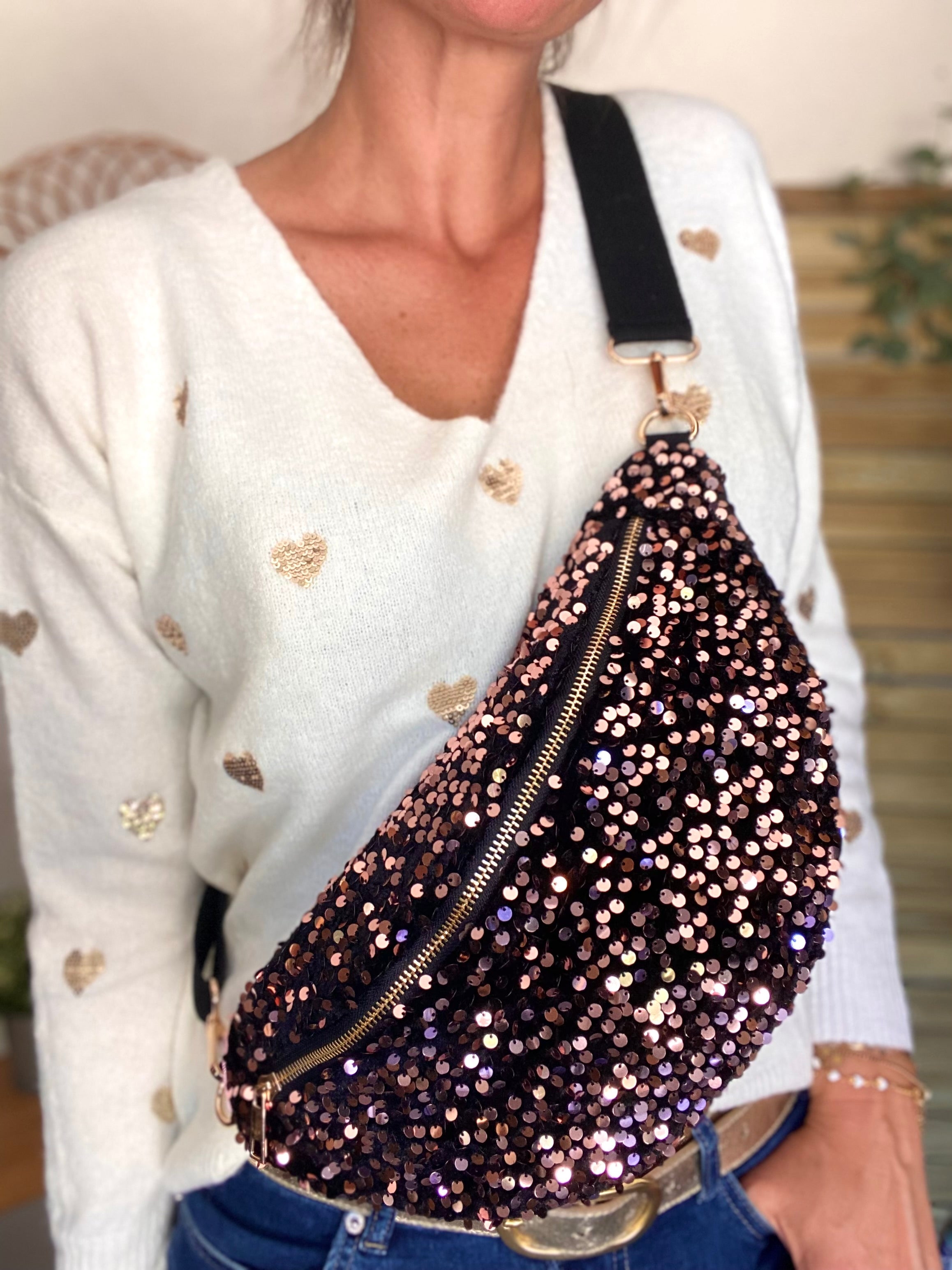 Sac banane L velours à sequins Ciao Boum - TAYLOR - Noir à sequins rosés