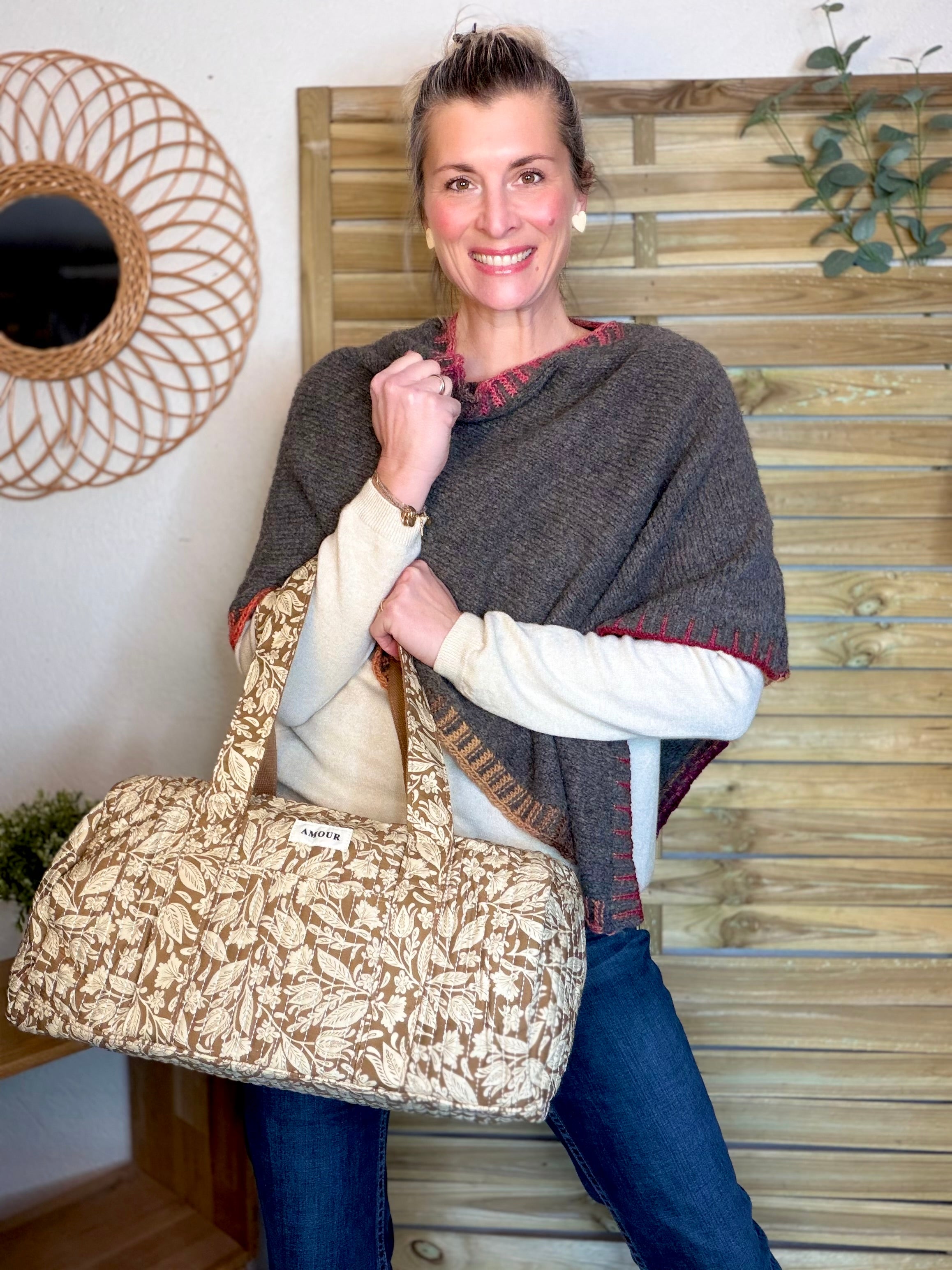 Sac polochon imprimé TARA - Fleuri Camel