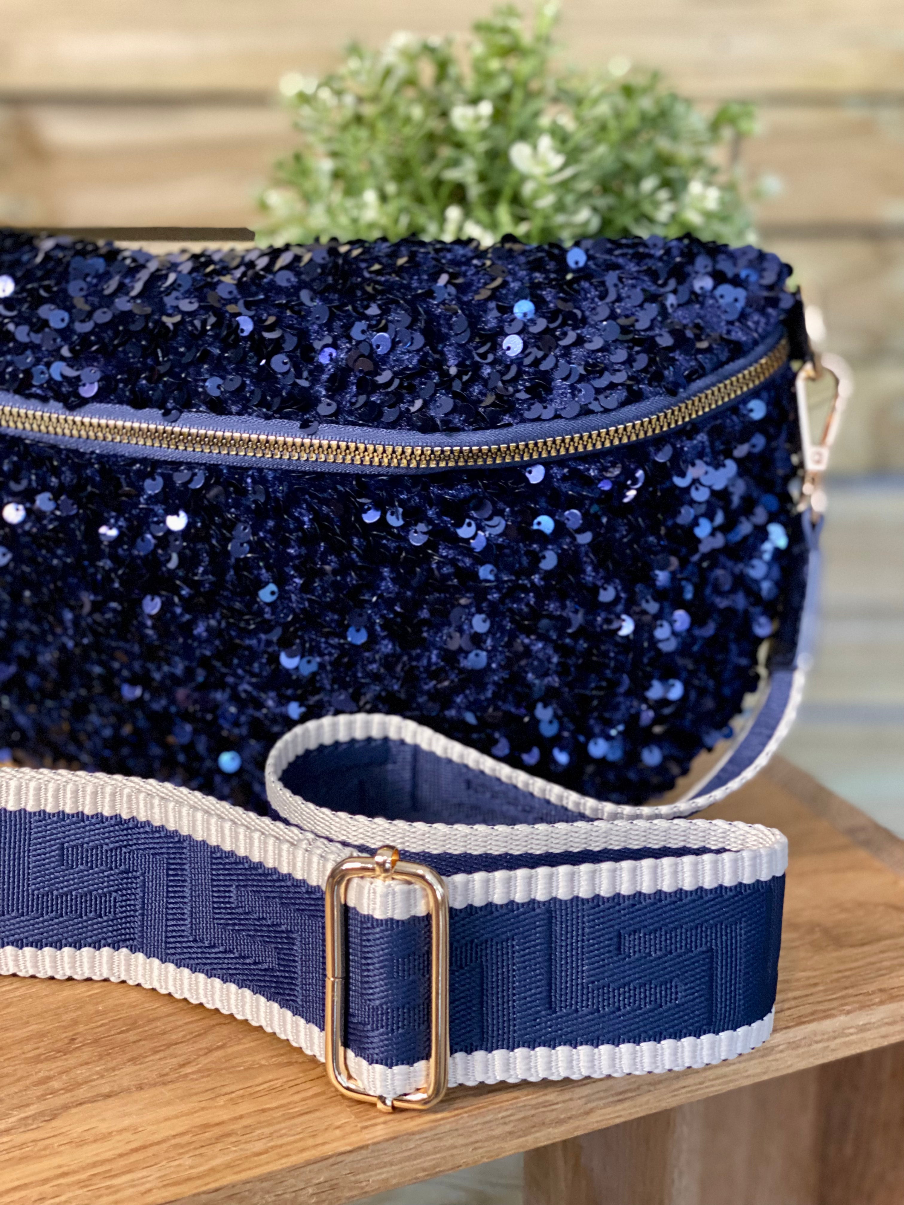Sac banane L à sequins 30cm et sangle fantaisie - ROXY - Bleu marine