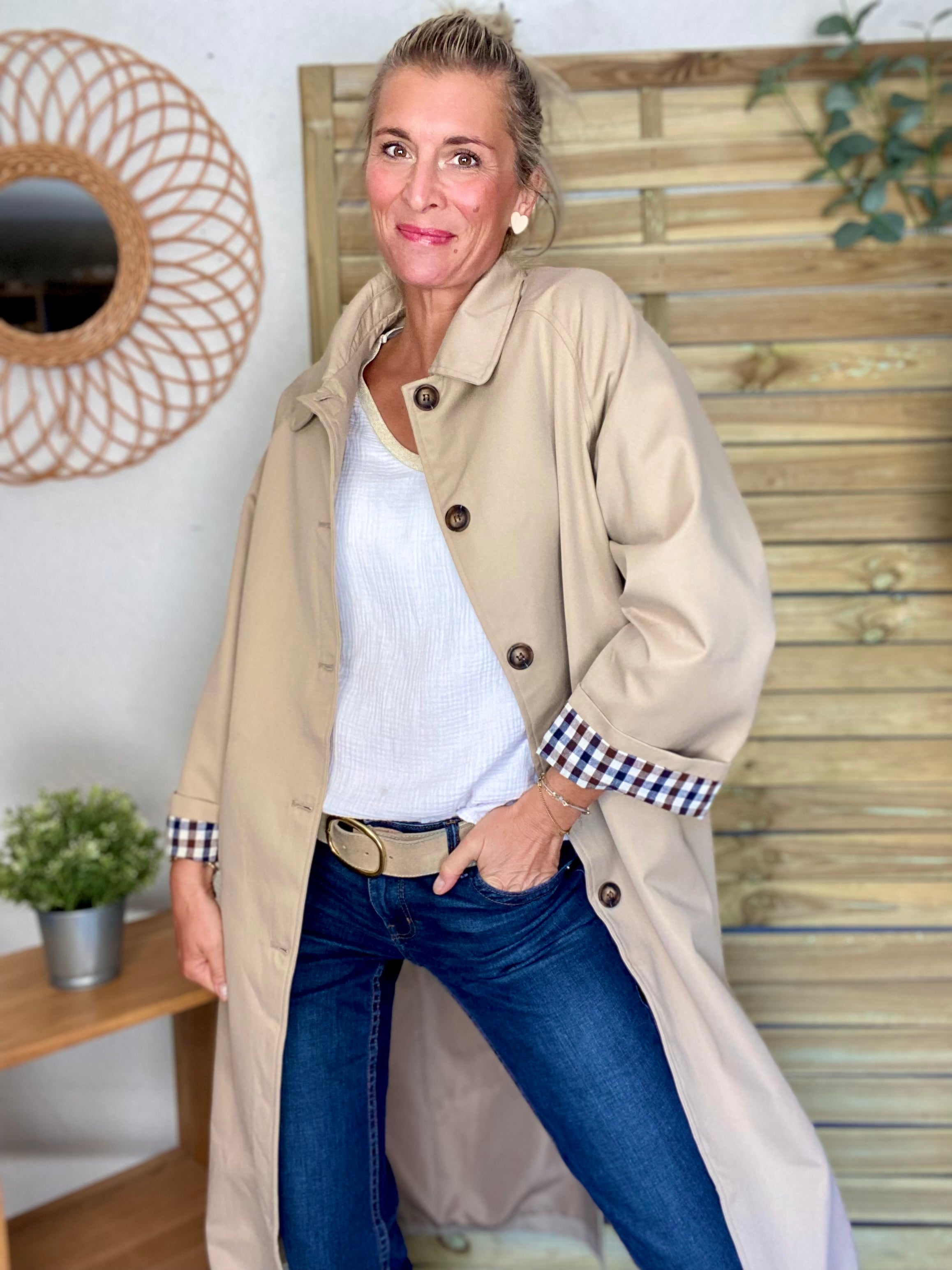 Veste Trench en coton avec vichy - YSEULT long Beige