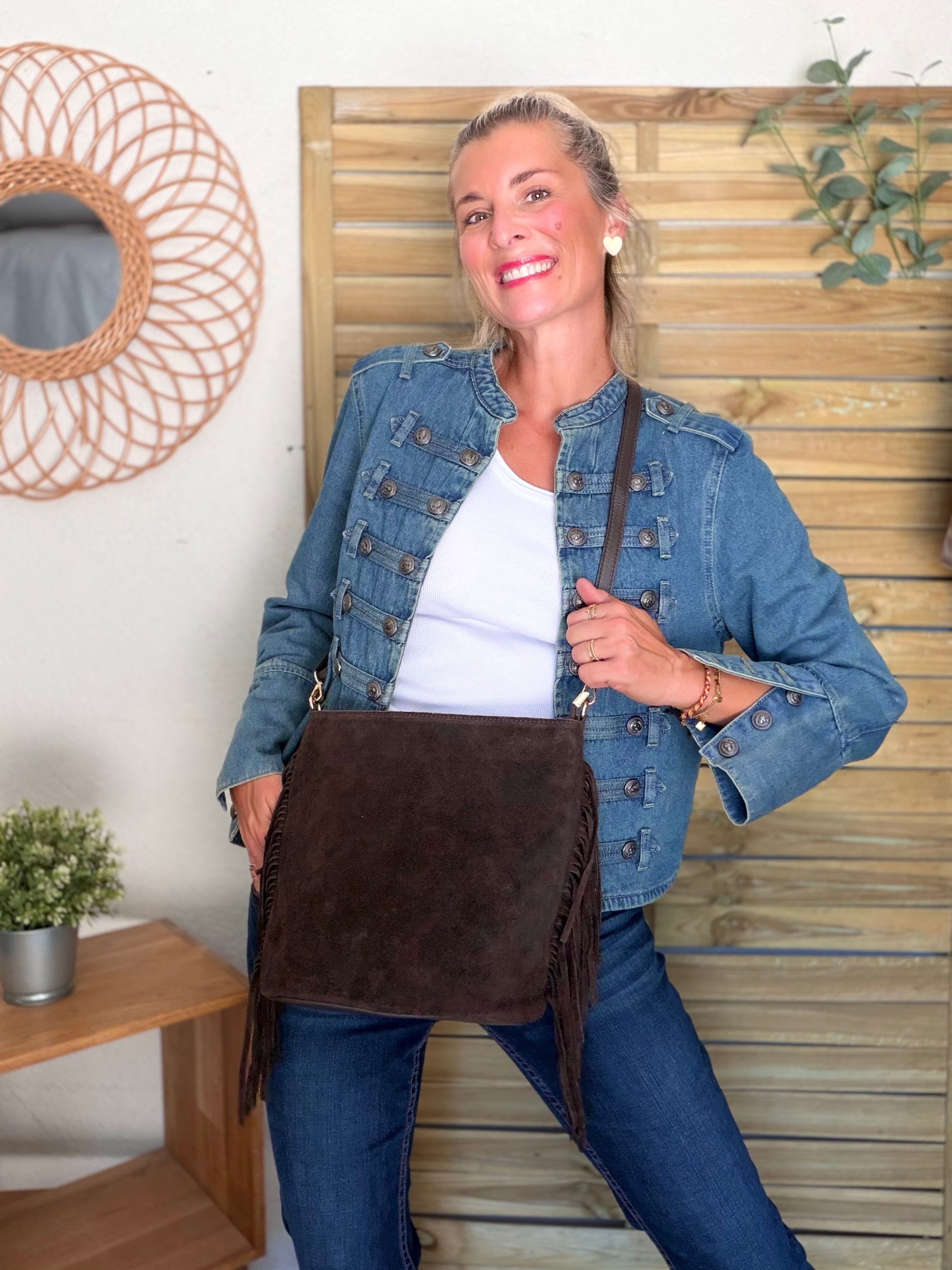Sac seau en cuir daim avec franges KYLIE - Chocolat