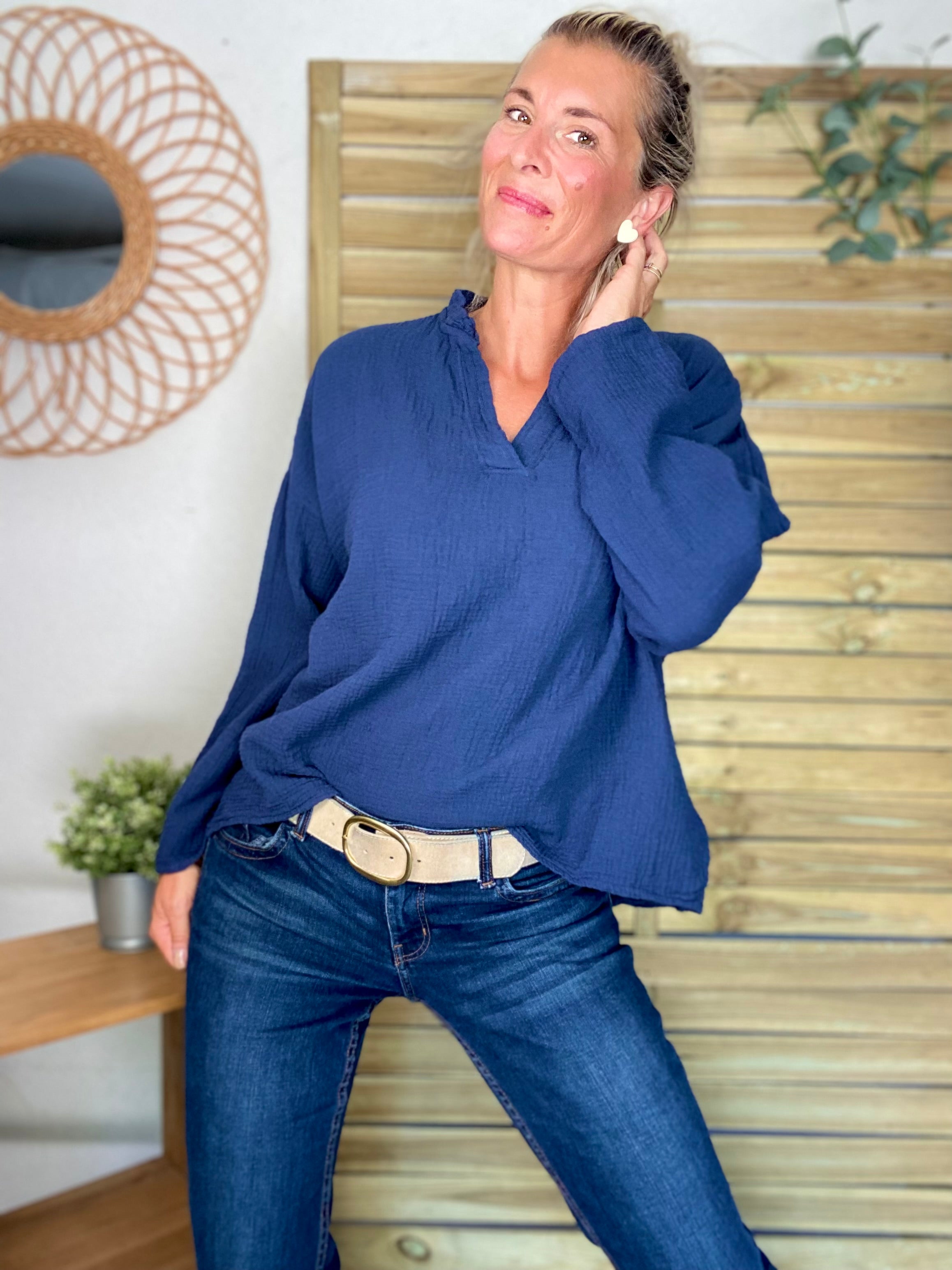 Blouse en gaze de coton SIERRA Bleu marine - manches longues