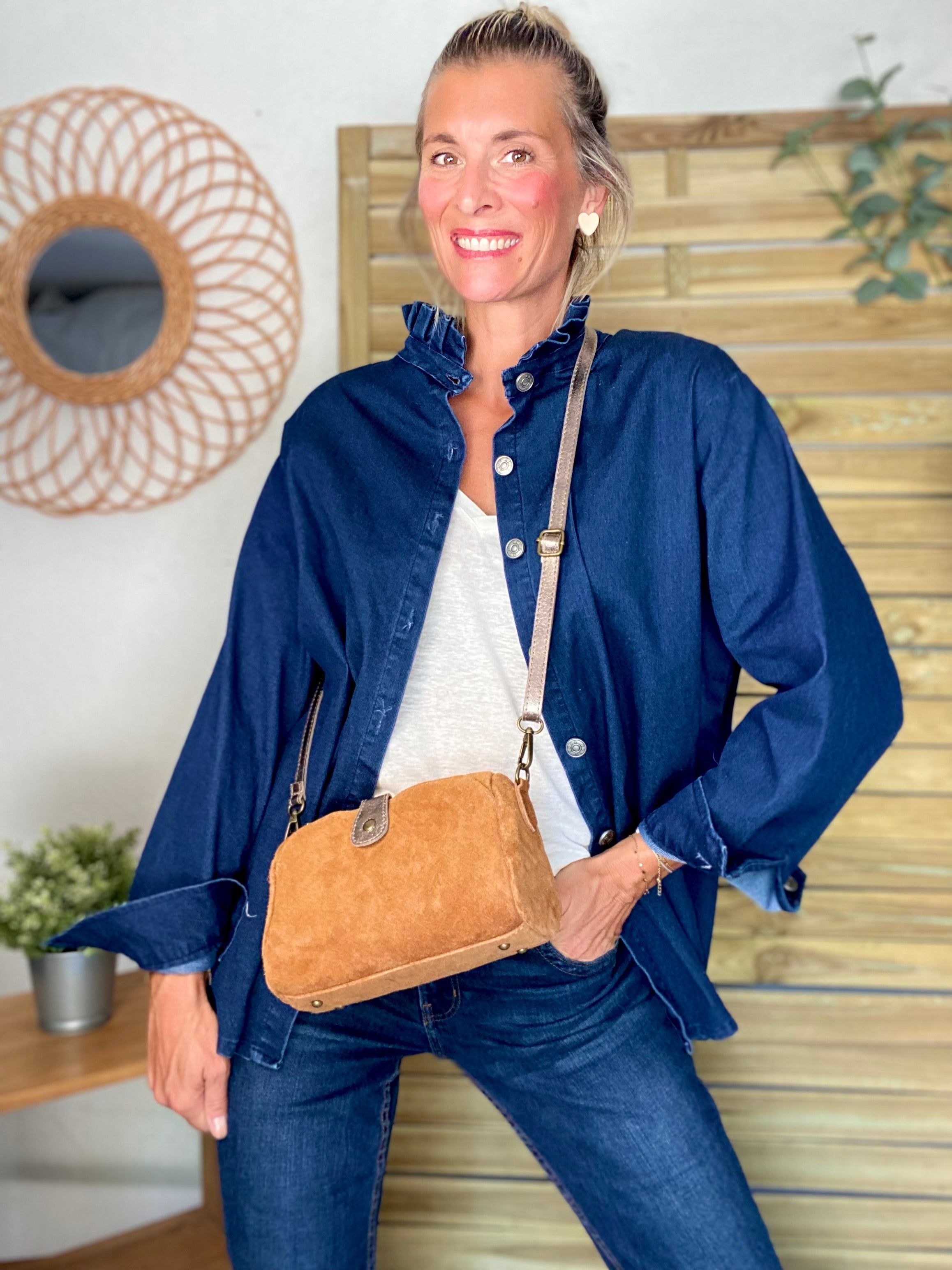 Veste / Chemise en coton, col victorien volanté Bleu Jean LISON