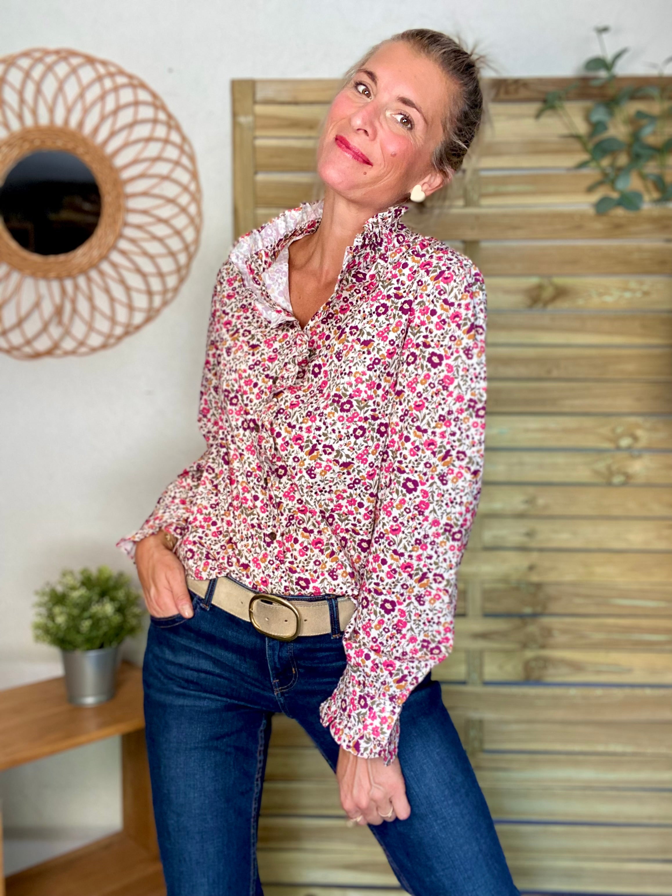 Chemise imprimé Liberty rose, col victorien volanté HÉLOÏSE