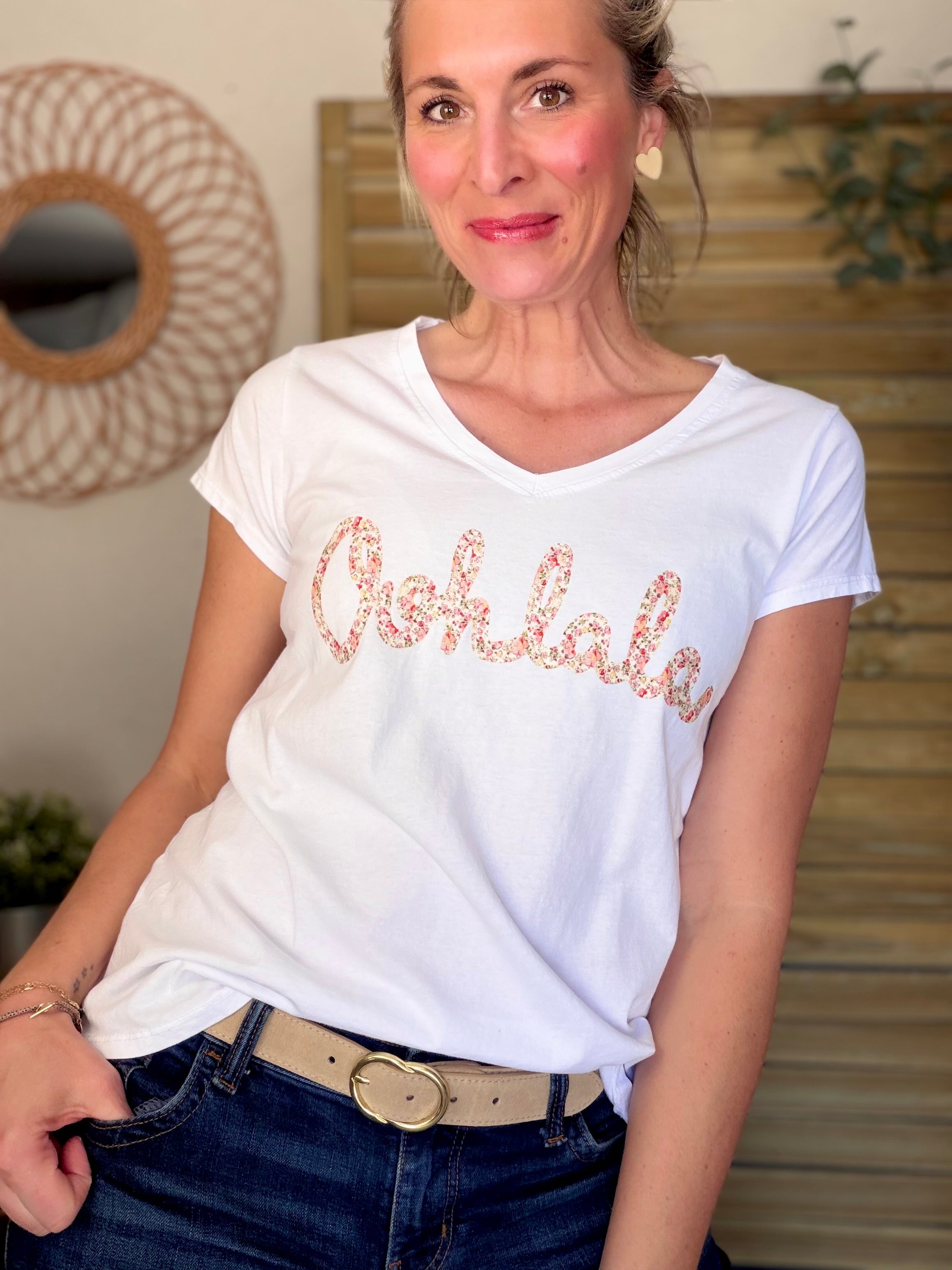 Tee shirt Ohlala Liberty VERA Blanc / Rouge rosé