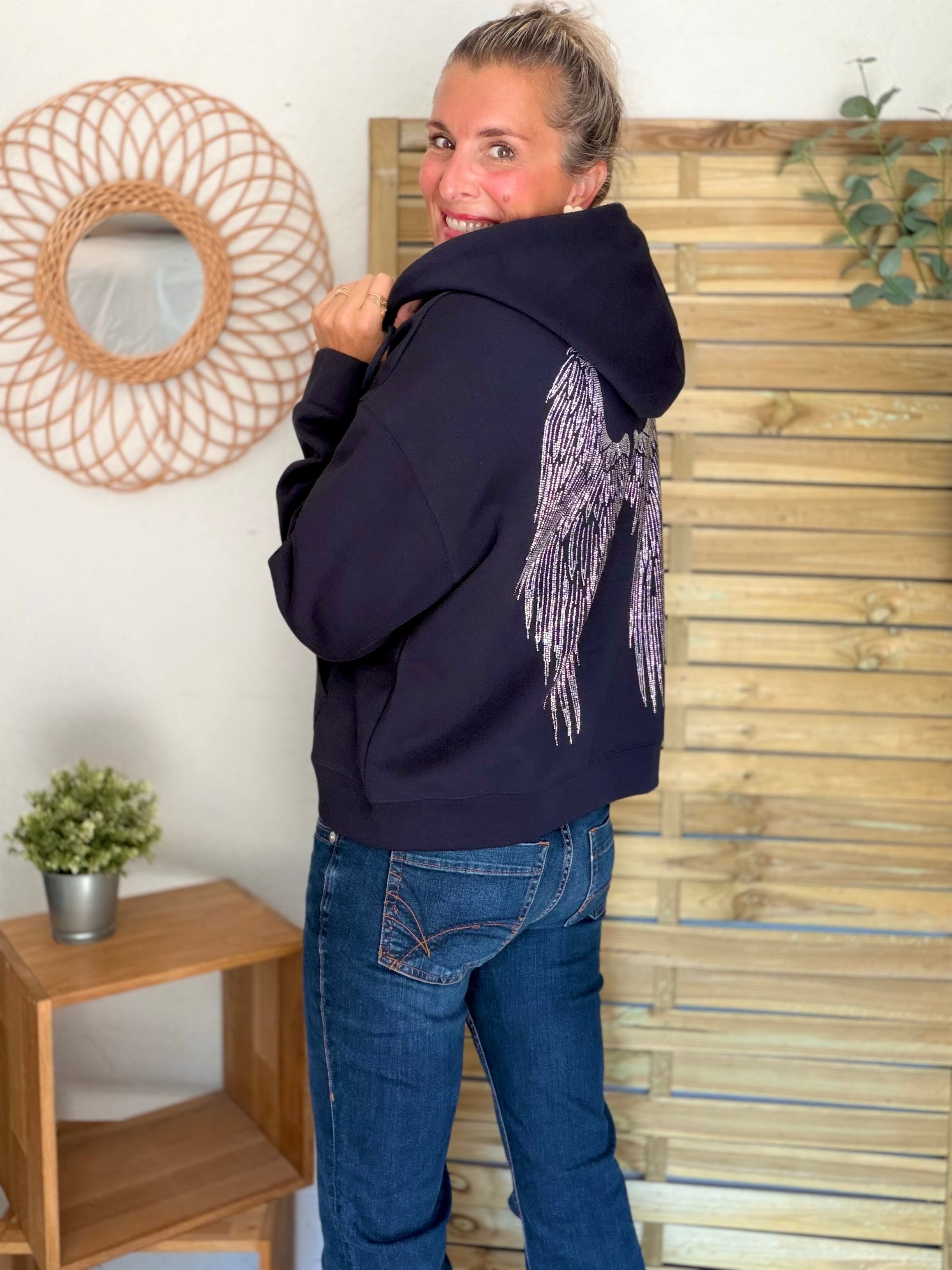 Hoodie sweat gilet strass (ailes)  CLOTHILDE - Bleu marine