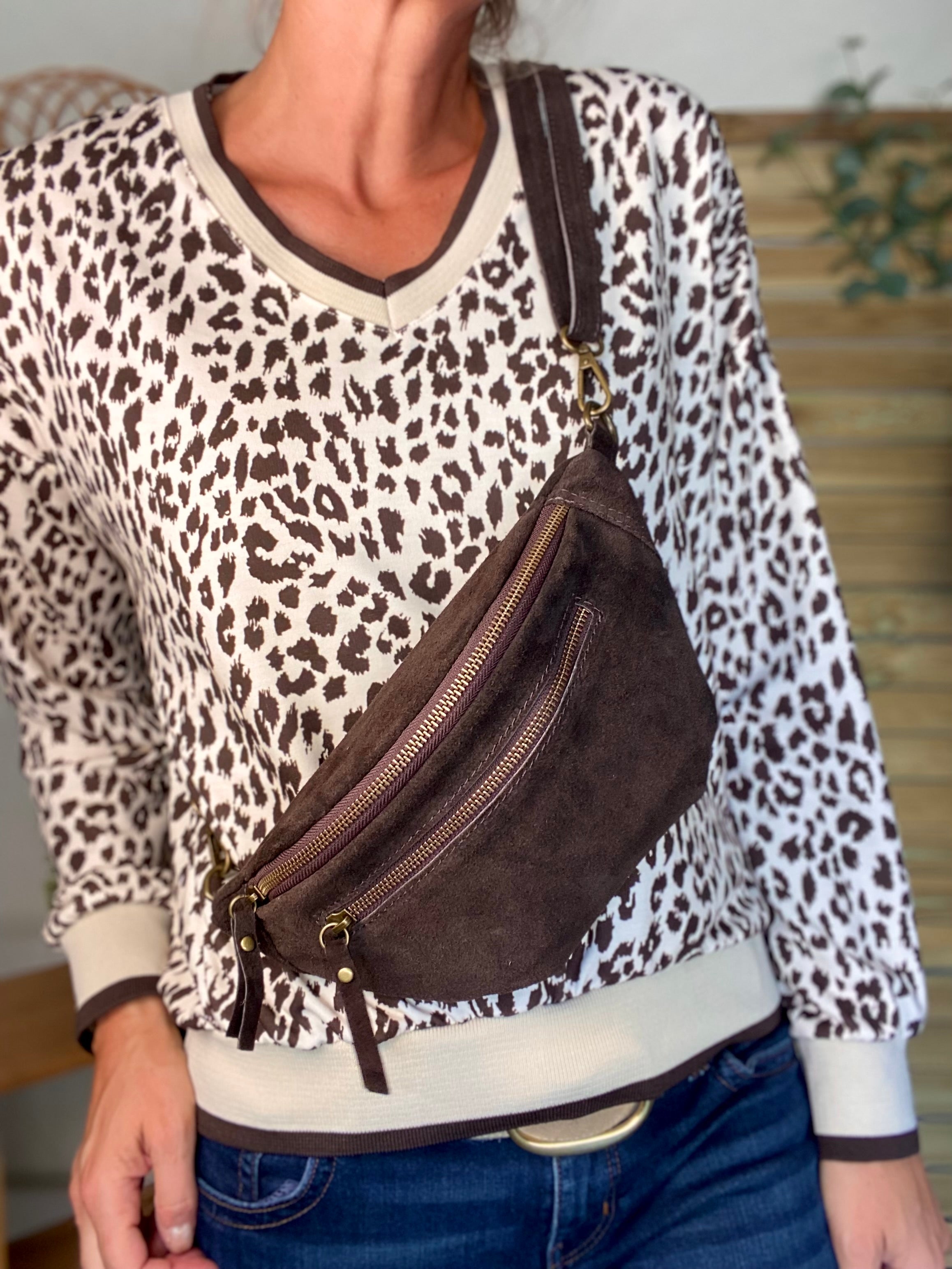 Sac banane double poche en cuir daim - OPALINE - Chocolat