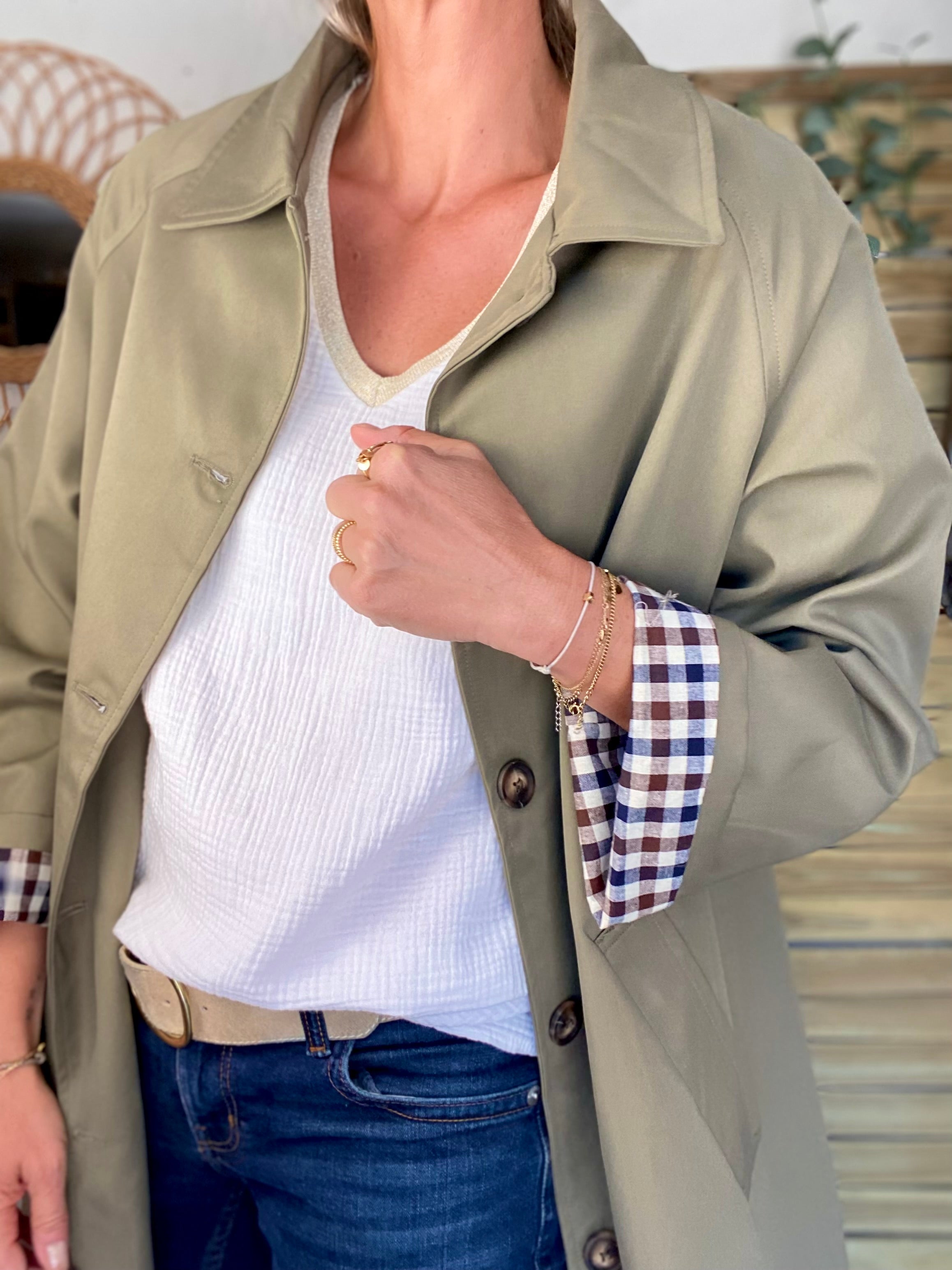 Veste Trench en coton avec vichy - YSEULT long Kaki