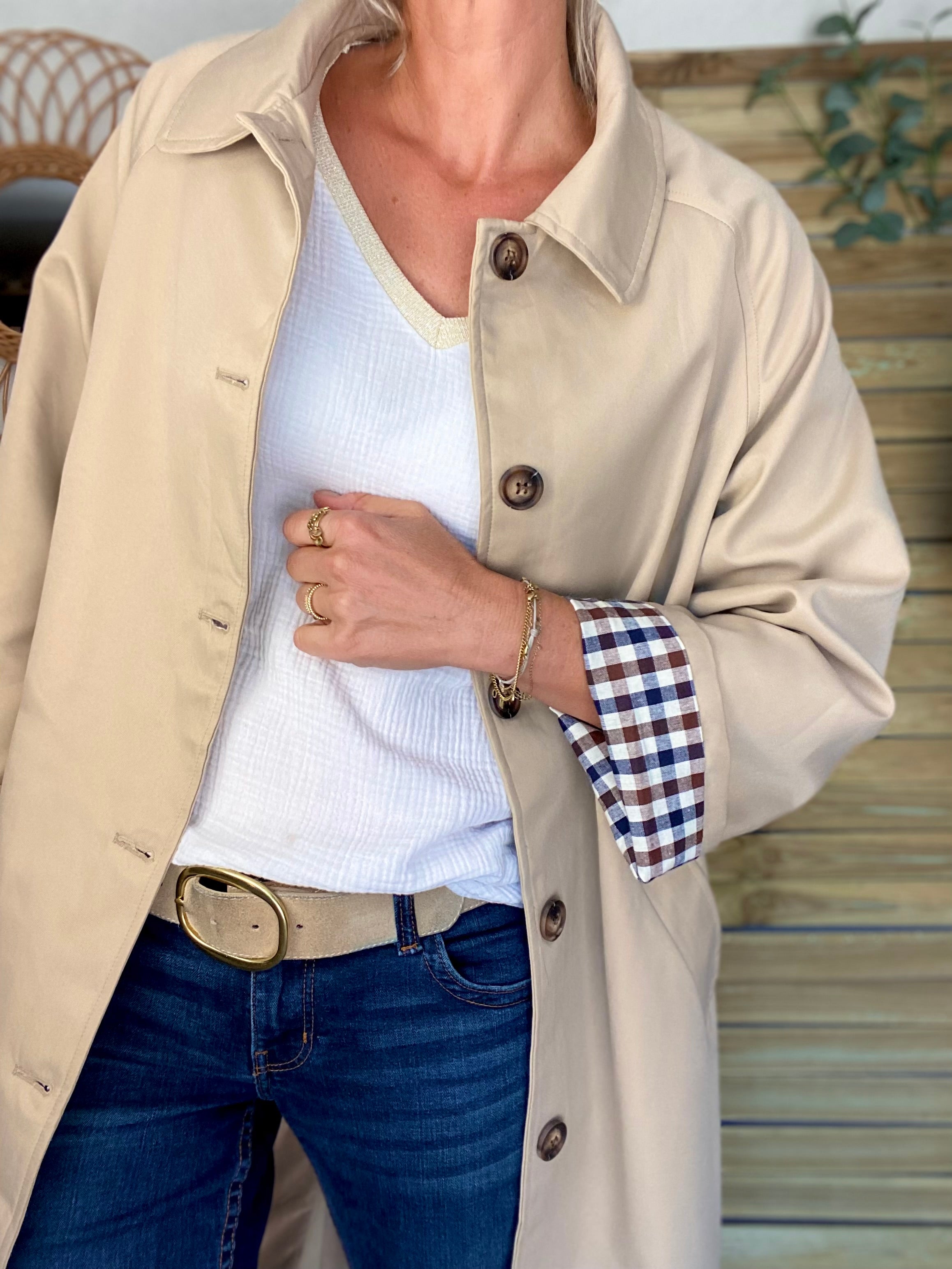 Veste Trench en coton avec vichy - YSEULT long Beige