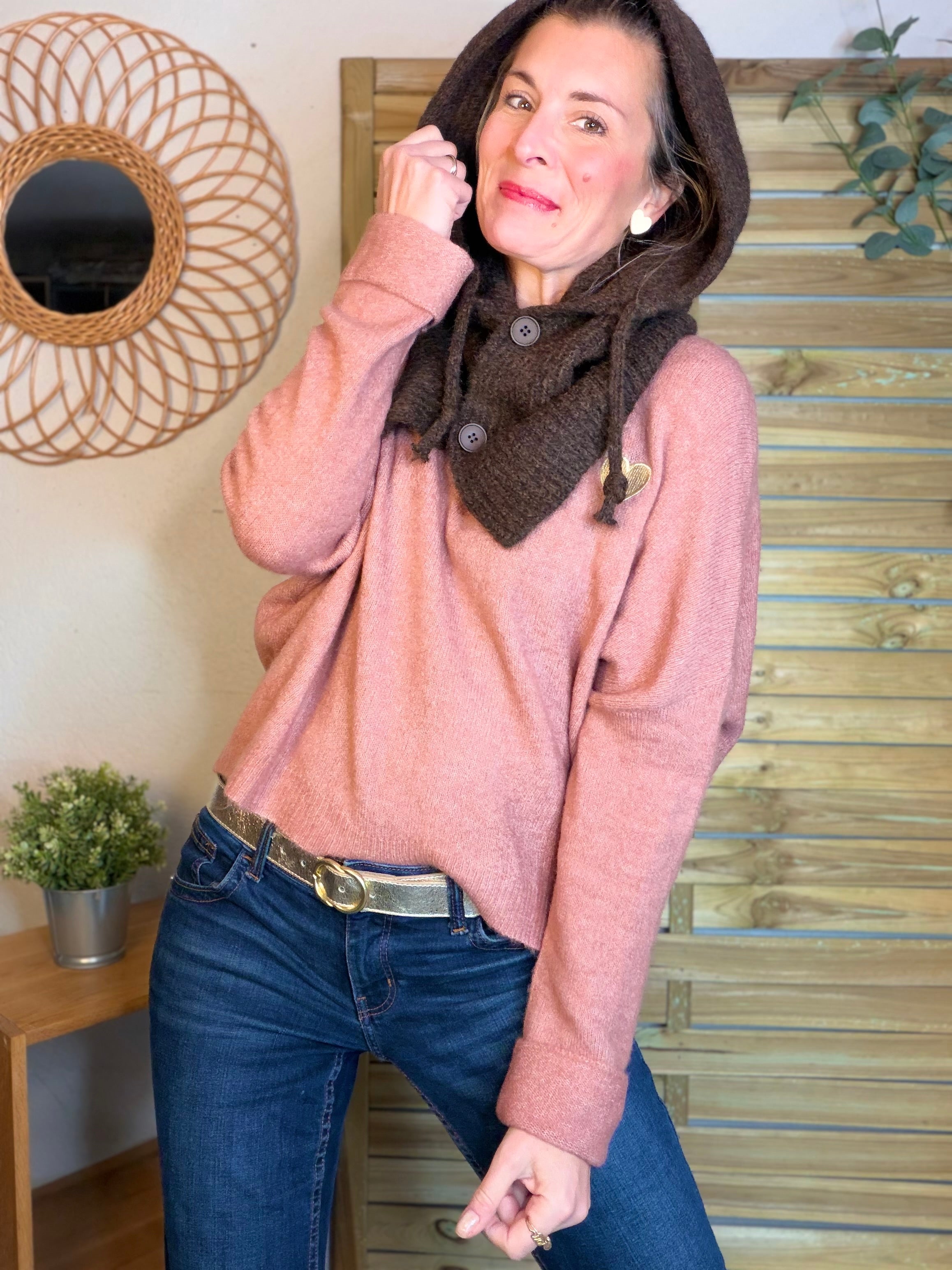 Col cagoule LORIE en maille avec bouton - Chocolat